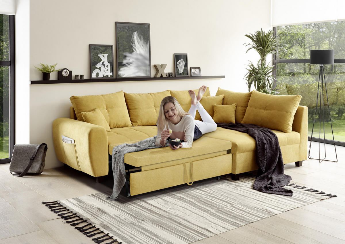 ECKSOFA in Mikrovelours Gelb  - Gelb/Schwarz, Basics, Holzwerkstoff/Kunststoff (248/176cm) - MID.YOU