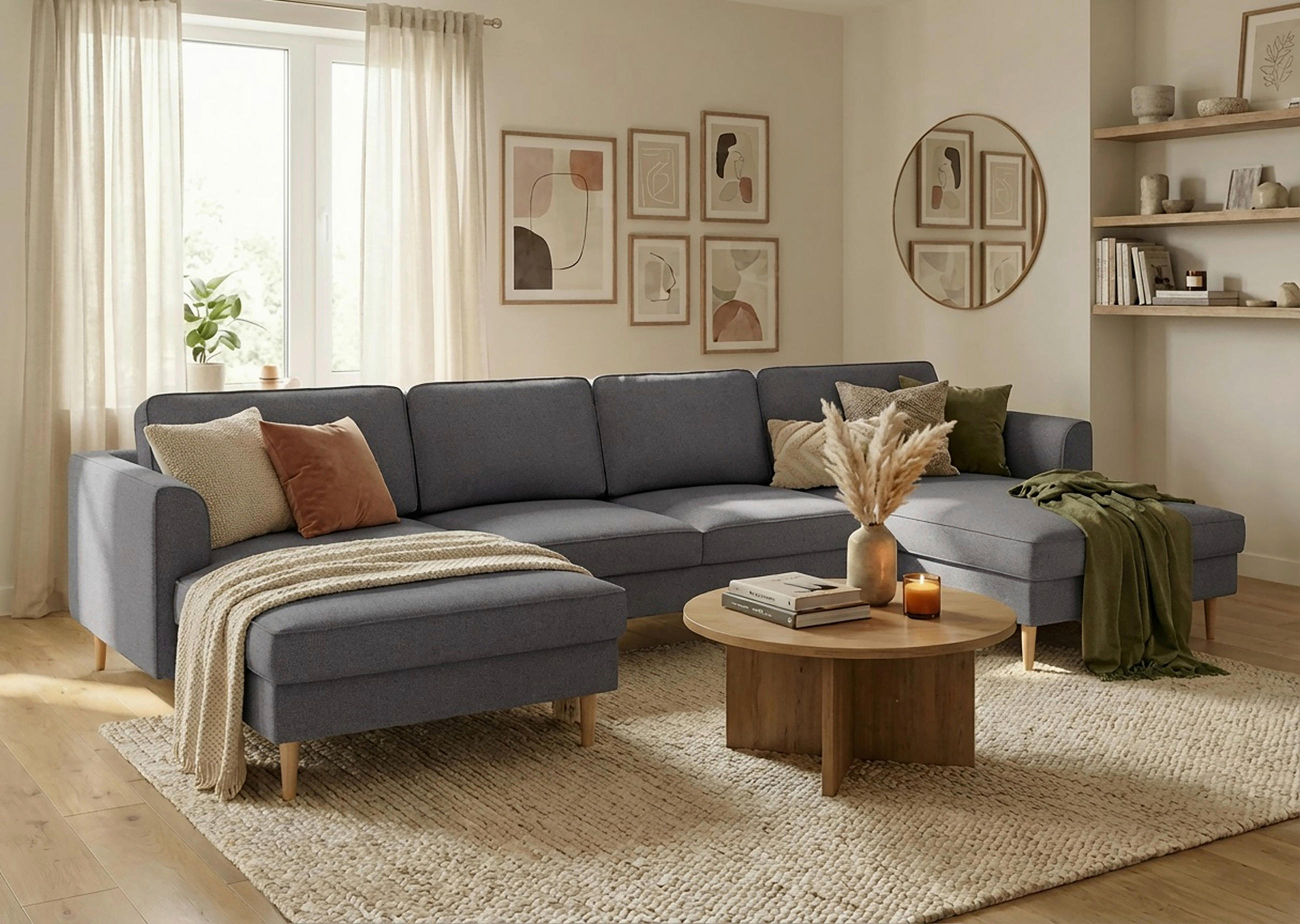 WOHNLANDSCHAFT Anthrazit Struktur  - Anthrazit/Buchefarben, MODERN, Holz/Textil (161/306/161cm) - Trendmanufaktur