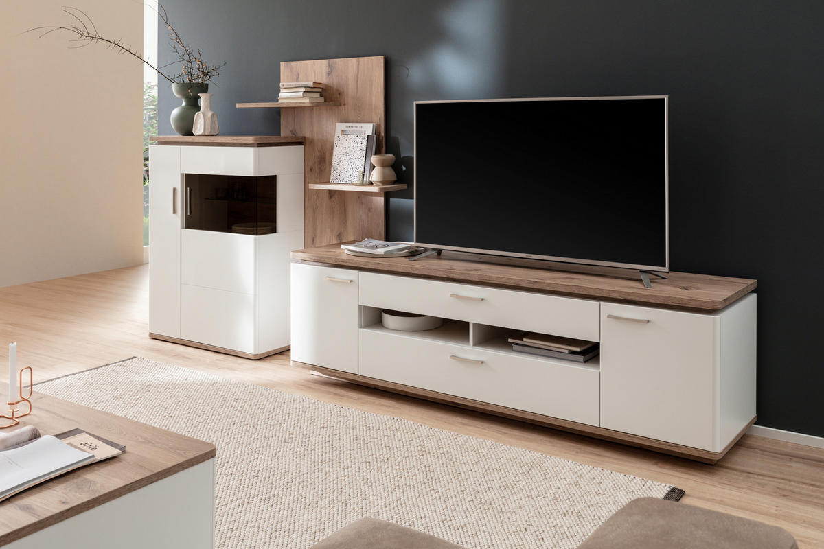 WOHNWAND 3-teilig  in Weiss, Eichefarben 305/168/50 cm  - Weiss/Eichefarben, Design, Glas/Holzwerkstoff (305/168/50cm) - Livetastic