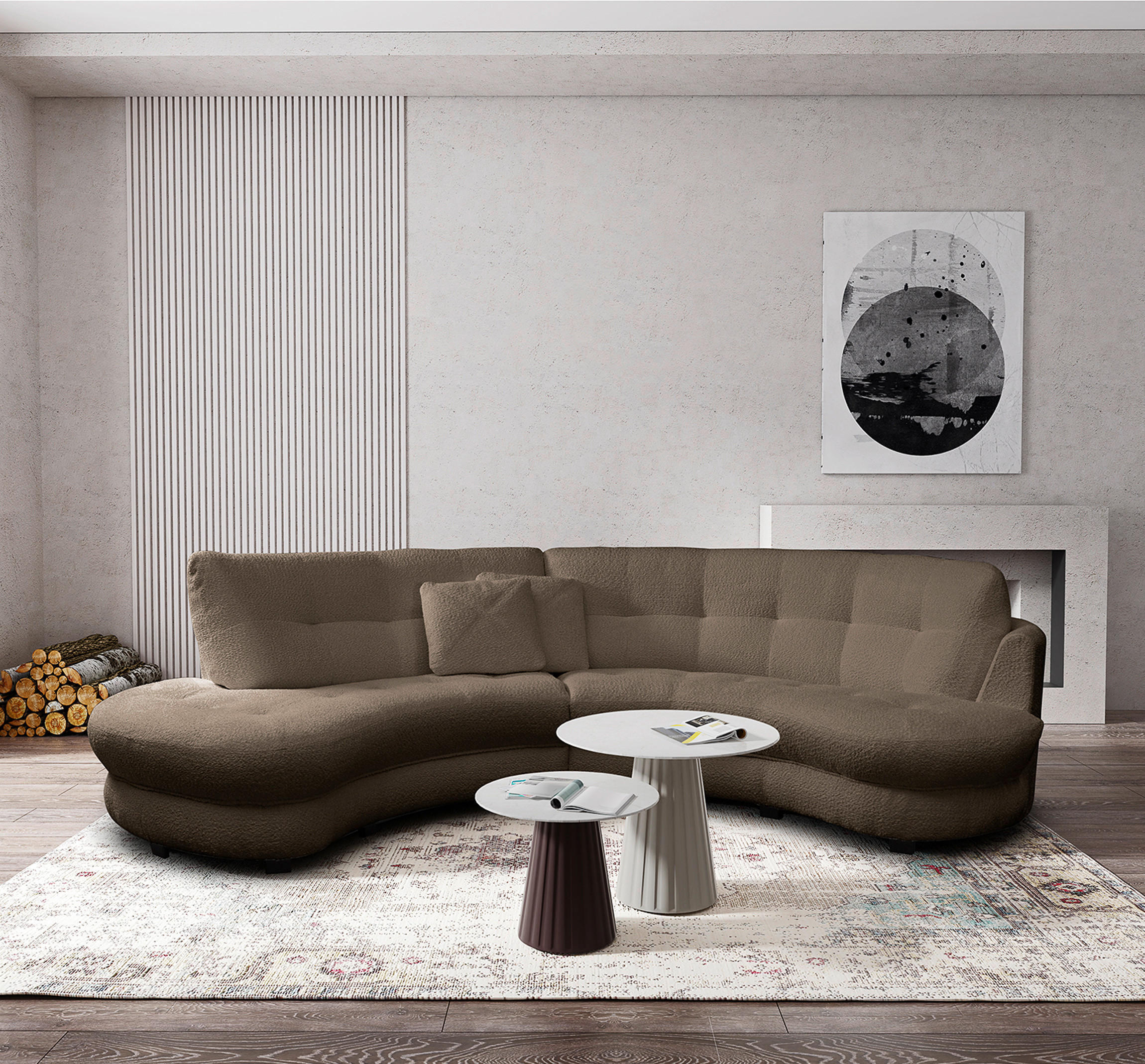 ECKSOFA Rundform  Braun Bouclé  - Schwarz/Braun, Design, Kunststoff/Textil (113/300cm) - Livetastic