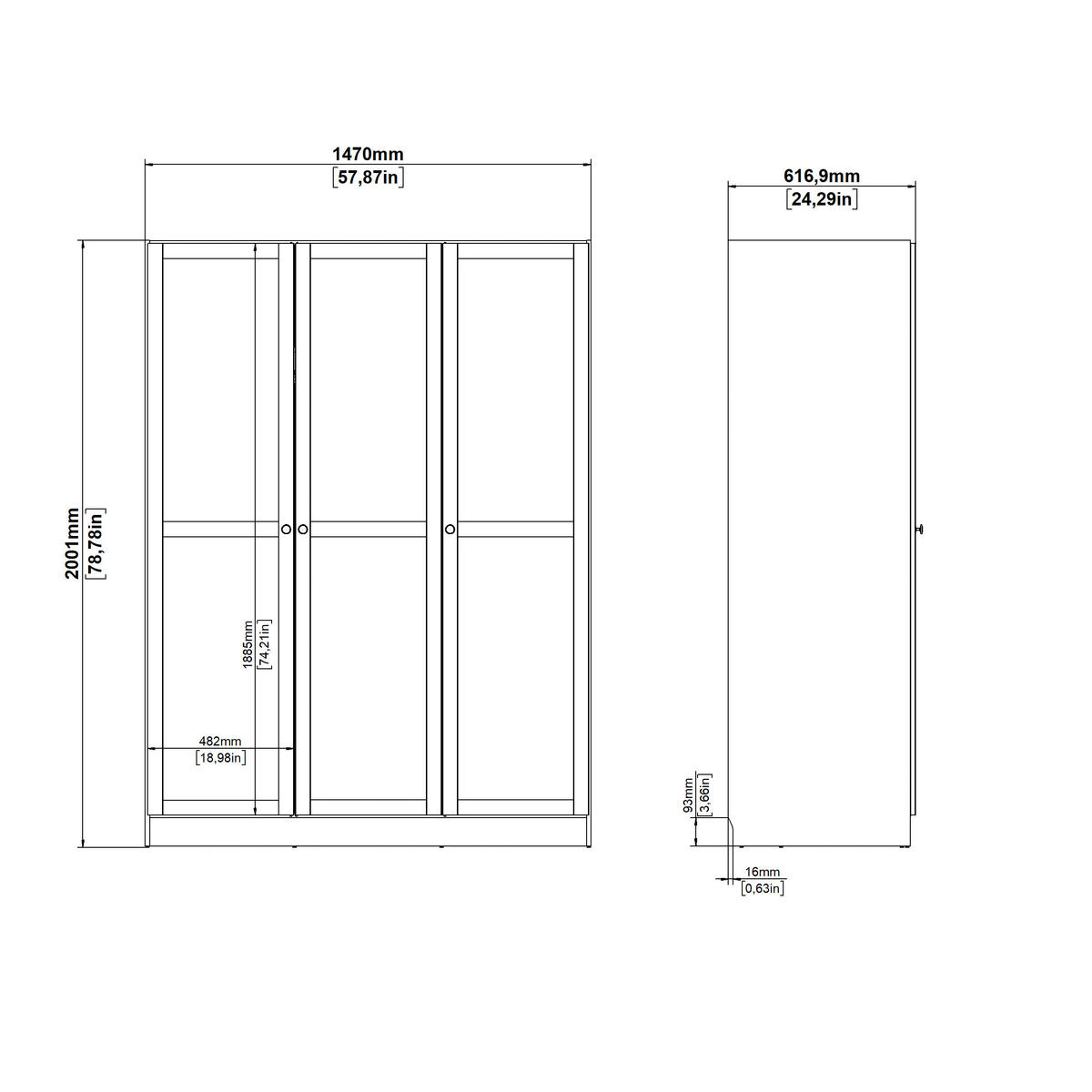 DREHTÜRENSCHRANK 147/200/61,7 cm 3-türig Weiß  - Silberfarben/Weiß, MODERN, Holzwerkstoff/Metall (147/200/61,7cm) - MID.YOU
