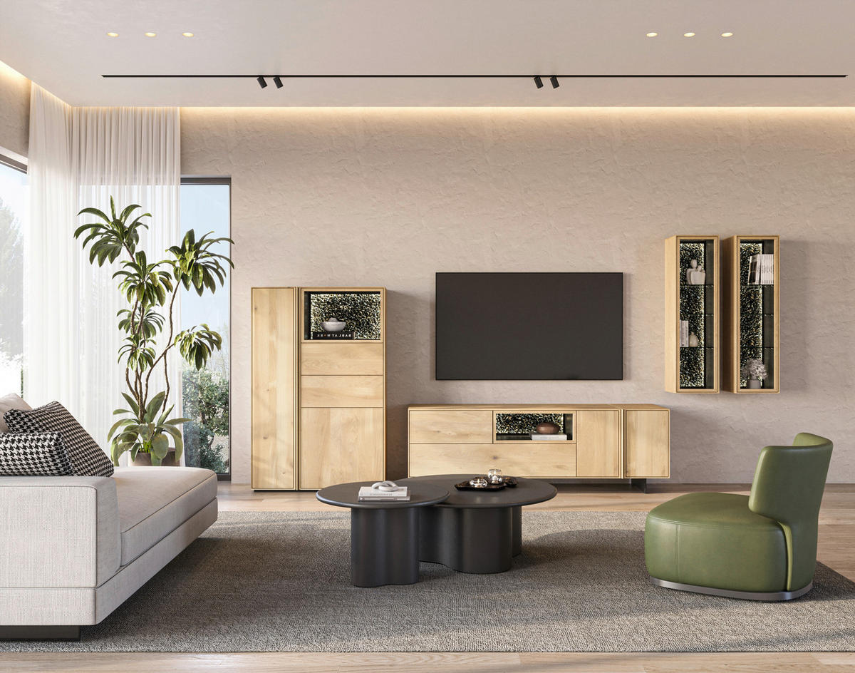 WOHNWAND  Eichefarben 272/202/50 cm  - Eichefarben/Schwarz, Natur, Glas/Leder (272/202/50cm) - Cassando