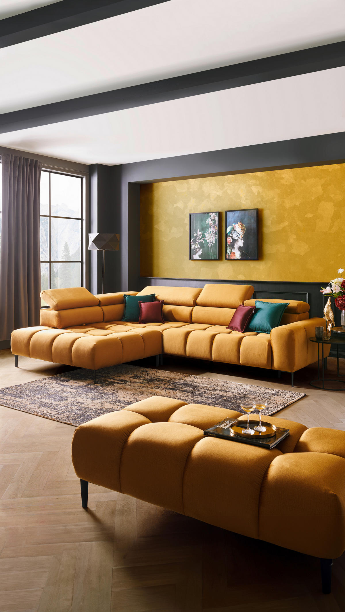 ECKSOFA in Webstoff Currygelb  - Currygelb/Schwarz, Design, Textil/Metall (216/300cm) - Welnova