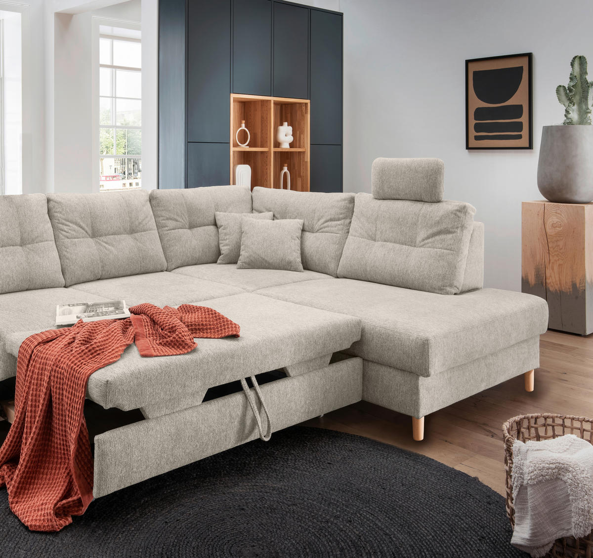 ECKSOFA in Chenille Beige  - Beige/Naturfarben, Modern, Holz/Textil (264/206cm) - Livetastic