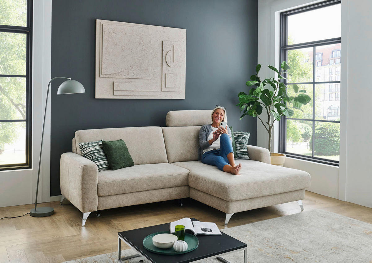 ECKSOFA  Chenille Beige  - Chromfarben/Beige, Design, Textil/Metall (222/167cm) - Beldomo Comfort