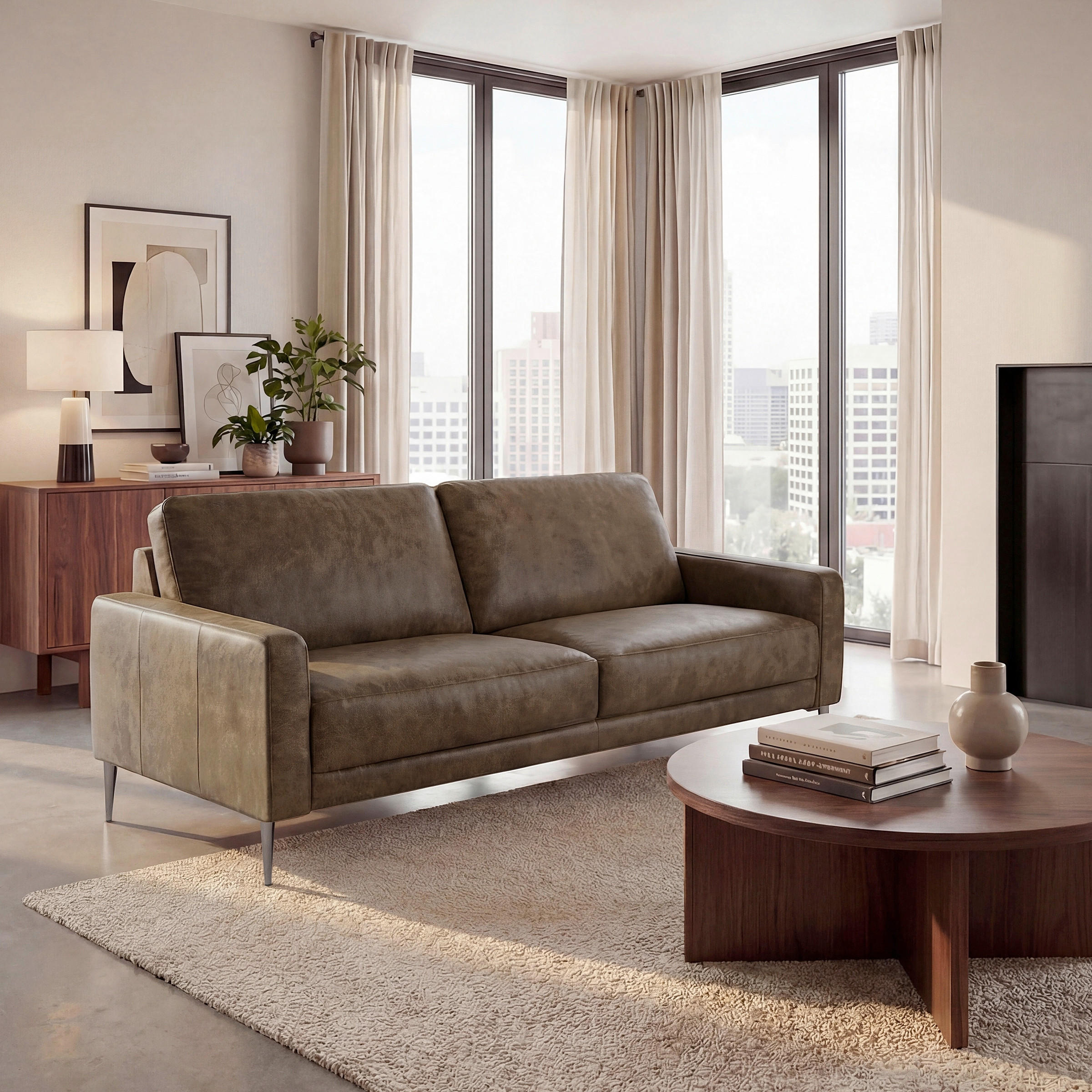 2-SITZER-SOFA SPRING in Lederlook Echtleder Graubraun  - Graubraun/Schwarzchrom, Design, Leder/Textil (157/85/92cm) - Livetastic