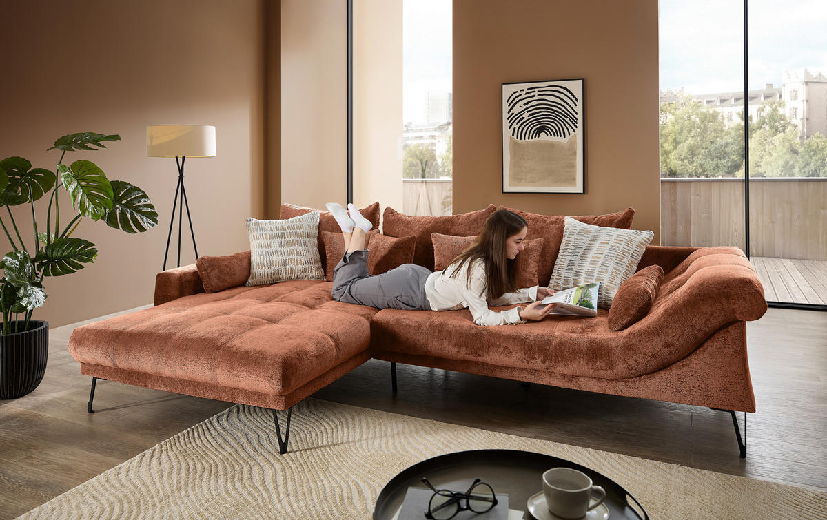 ECKSOFA GARDA Rostfarben Chenille Zierkissen, Rückenkissen, Nierenkissen, Rücken echt  - Rostfarben/Schwarz, KONVENTIONELL, Textil/Metall (192/310cm) - Livetastic