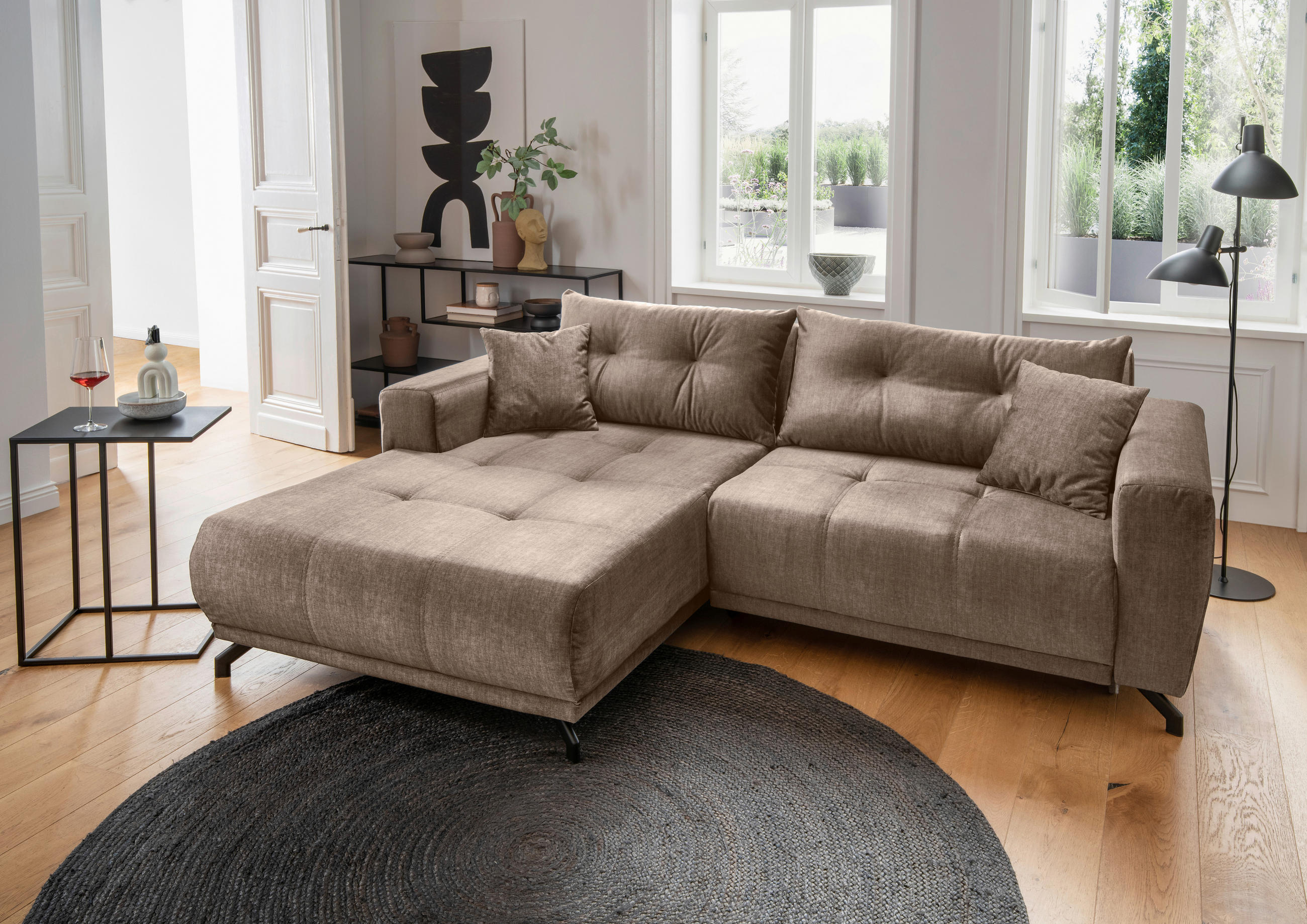 ECKSOFA in Velours Hellbraun  - Hellbraun/Schwarz, Modern, Textil/Metall (177/246cm) - MID.YOU