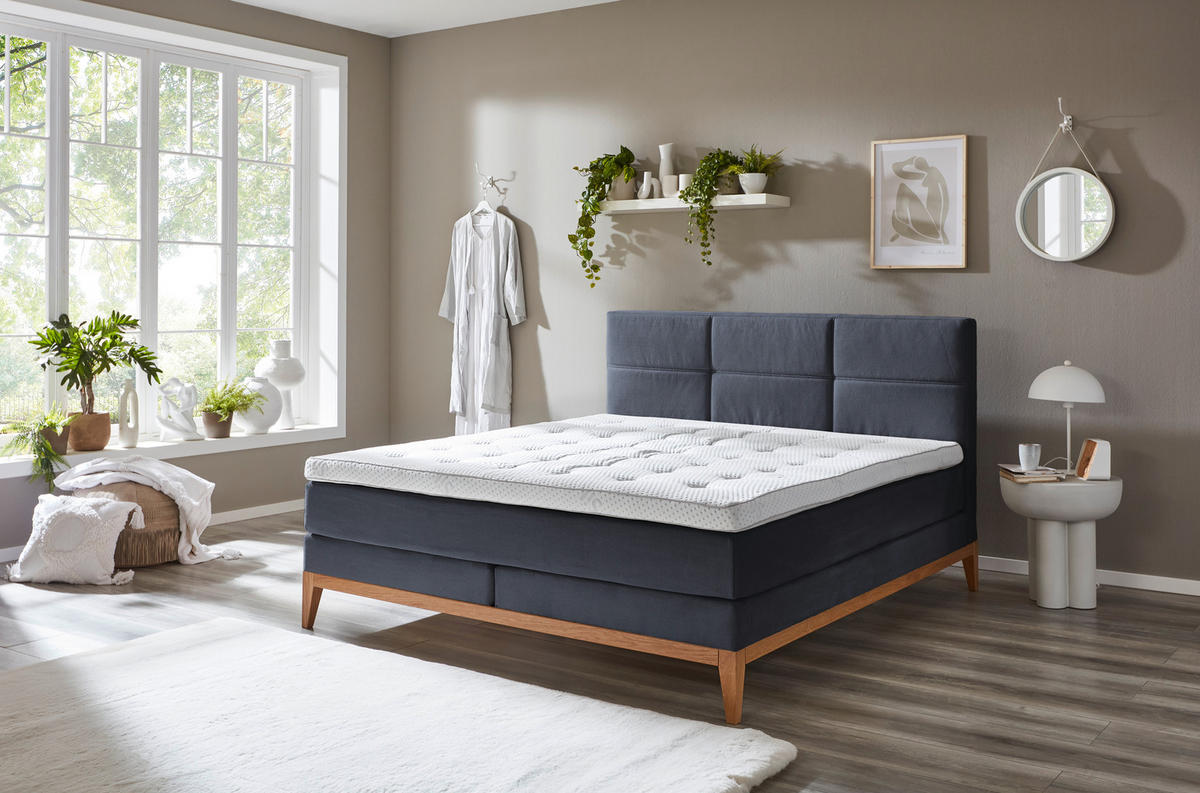 BOXSPRINGBETT 180/200 cm  in Dunkelblau  - Eichefarben/Dunkelblau, KONVENTIONELL, Holz/Textil (180/200cm) - Boxxx