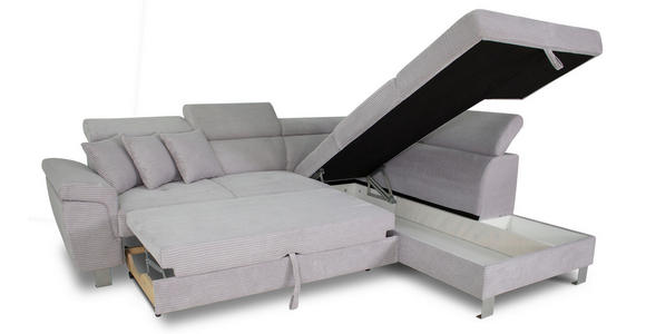 ECKSOFA inkl. Funktionen Hellgrau Cord - Silberfarben/Hellgrau, Design, Textil/Metall (257/226cm) - Xora