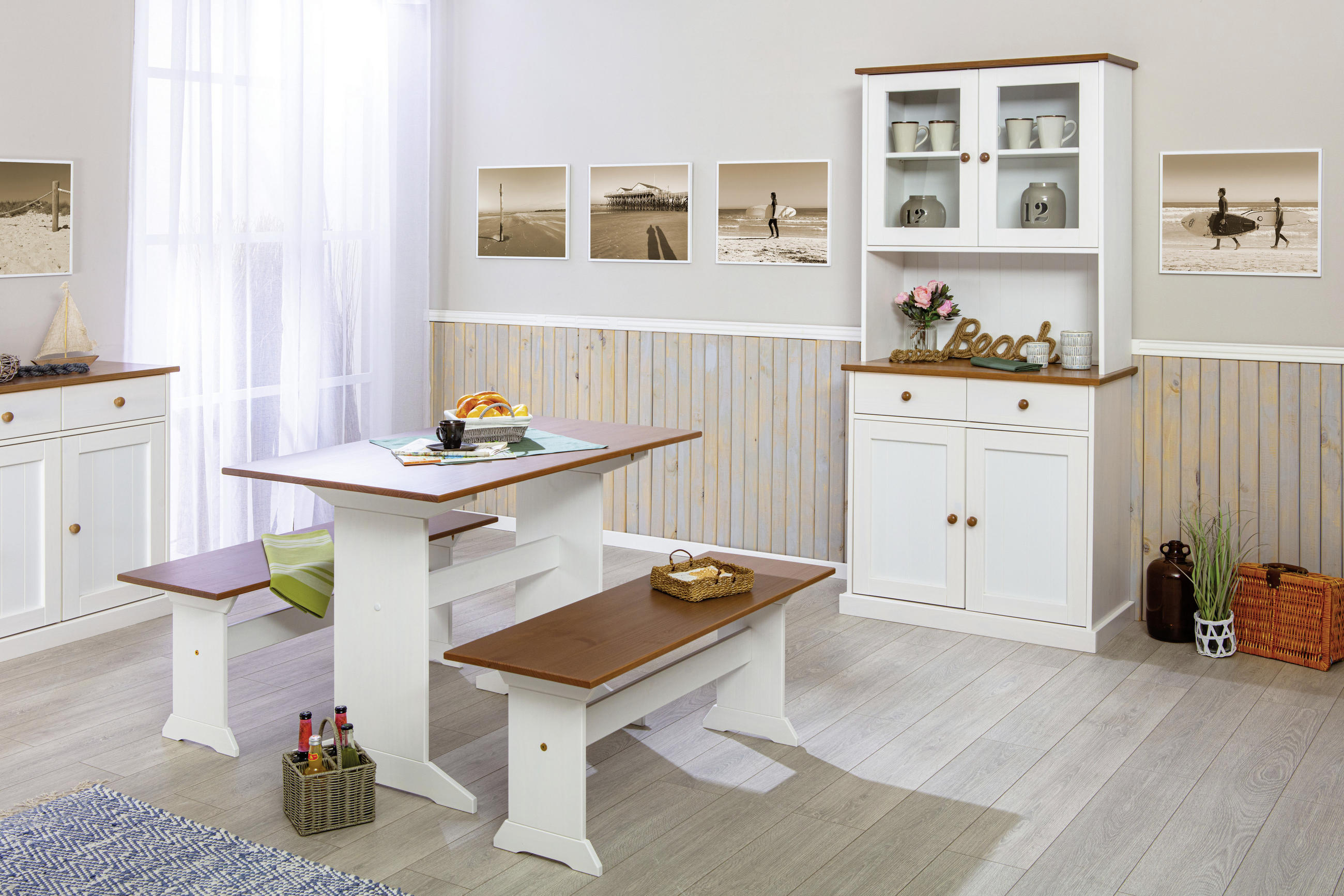 SITZBANK 110/45/37 cm Braun, Weiß Kiefer vollmassiv  - Weiß/Braun, KONVENTIONELL, Holz (110/45/37cm) - MID.YOU