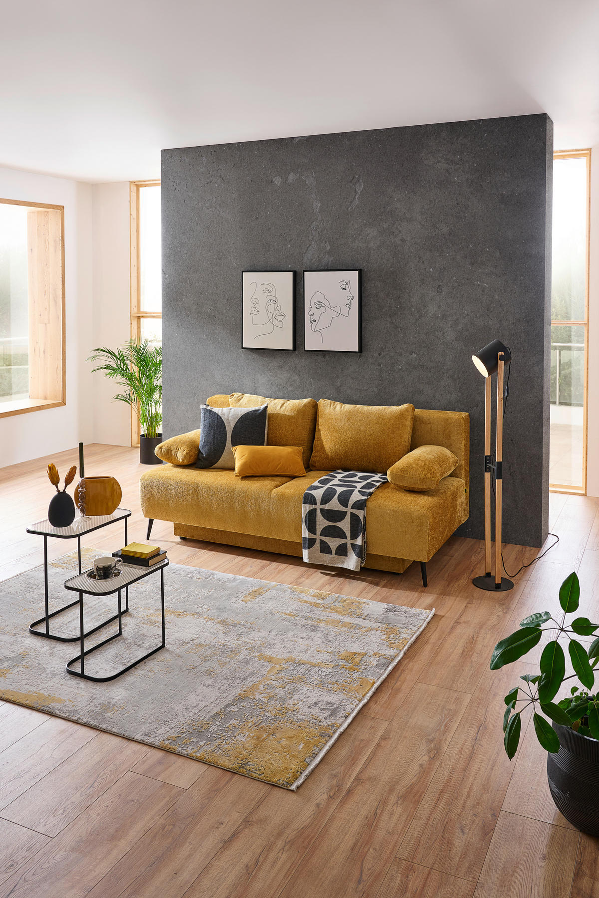 SCHLAFSOFA  mit Liegefunktion, Rücken echt, Stoffauswahl Webstoff Gelb  - Gelb/Schwarz, Design, Kunststoff/Textil (200/90/100cm) - Ti'me