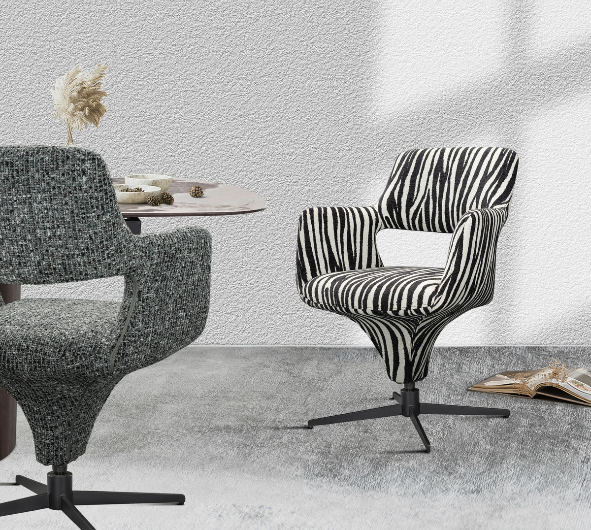 ARMLEHNSTUHL  Stoffauswahl, Sitzfläche 360° drehbar, automatische Rückholfunktion Mikrofaser  - Schwarz/Weiß, Design, Textil/Metall (61/84/63cm) - Novel