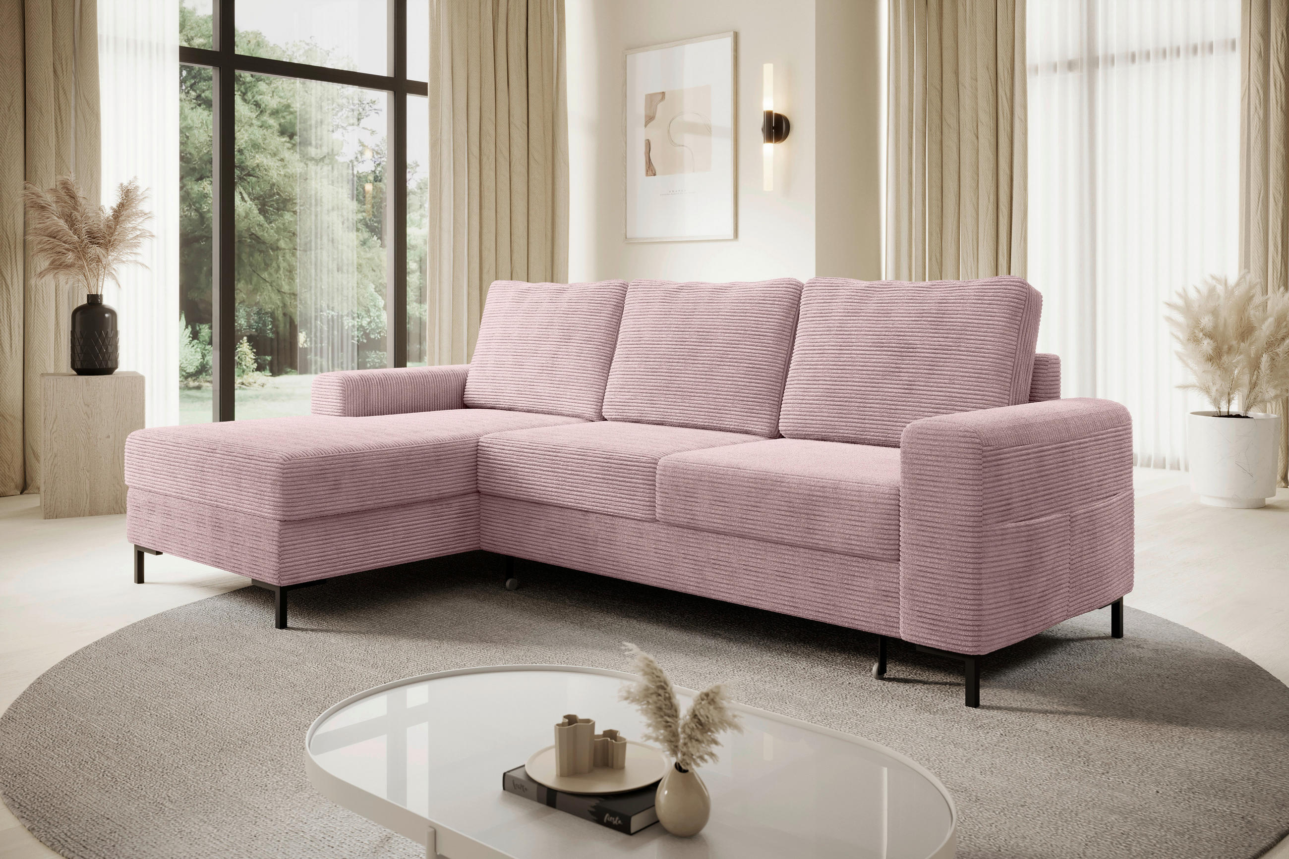 ECKSOFA Altrosa Cord  - Schwarz/Altrosa, KONVENTIONELL, Textil/Metall (150/240cm) - Carryhome
