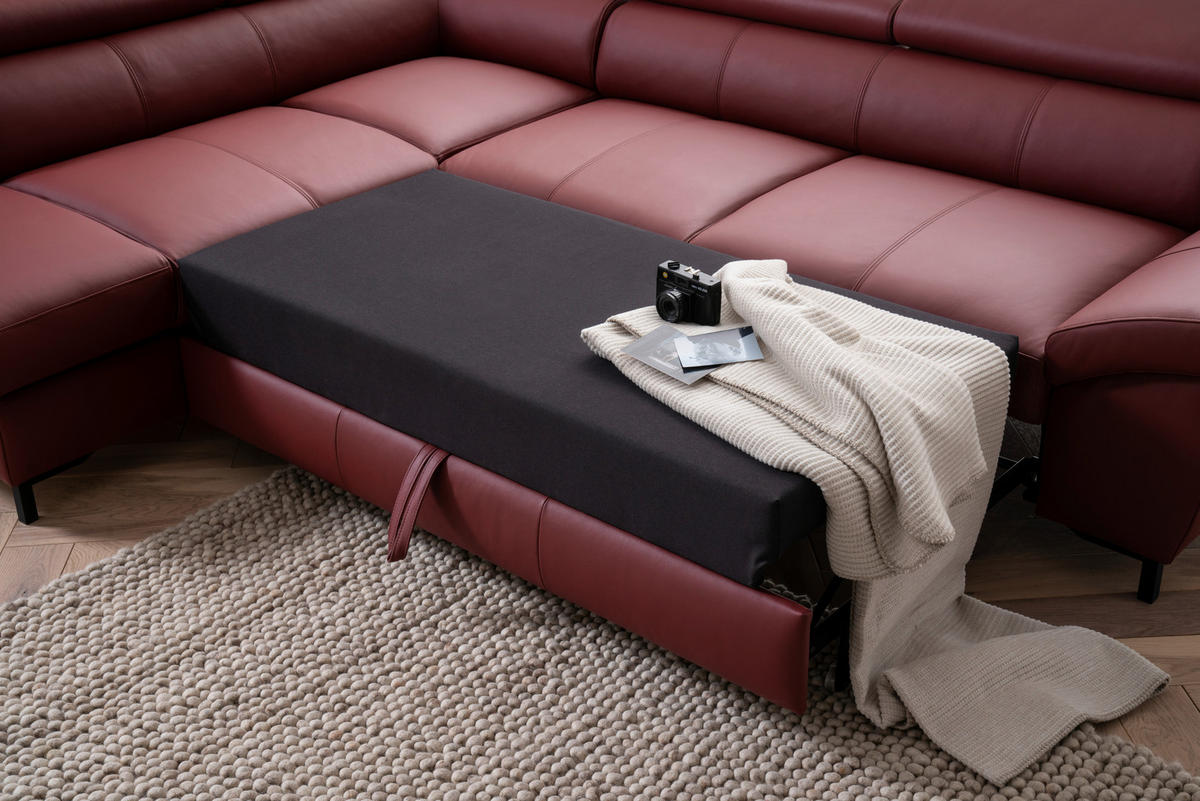 ECKSOFA Bordeaux Echtleder  - Bordeaux/Schwarz, Design, Leder/Metall (213/268cm)
