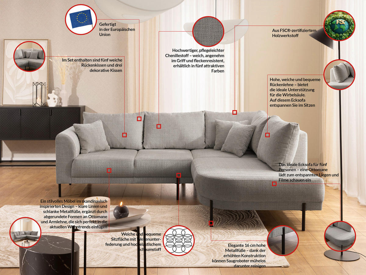 ECKSOFA Mauris Grün Chenille Rückenkissen  - Schwarz/Grün, Design, Kunststoff/Textil (233/200cm) - Livetastic