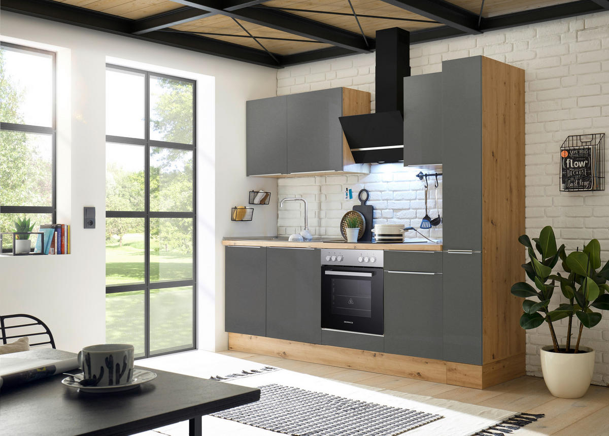 MODULKÖK 250 cm   i antracit, grå, ek Artisan  - aluminiumfärg/ek Artisan, Lifestyle, trämaterial/plast (250cm) - Respekta