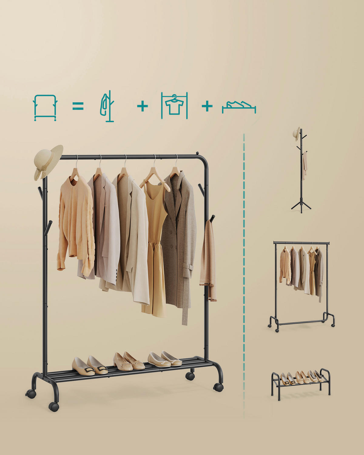 KLEIDERWAGEN in Schwarz 103,5/155/41 cm   - Schwarz, Basics, Kunststoff/Metall (103,5/155/41cm)