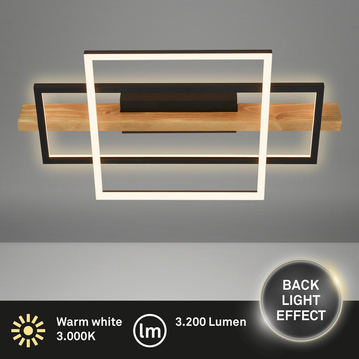 LED-DECKENLEUCHTE 55/30/8 cm   - Eichefarben/Schwarz, Natur, Holz/Metall (55/30/8cm) - Briloner
