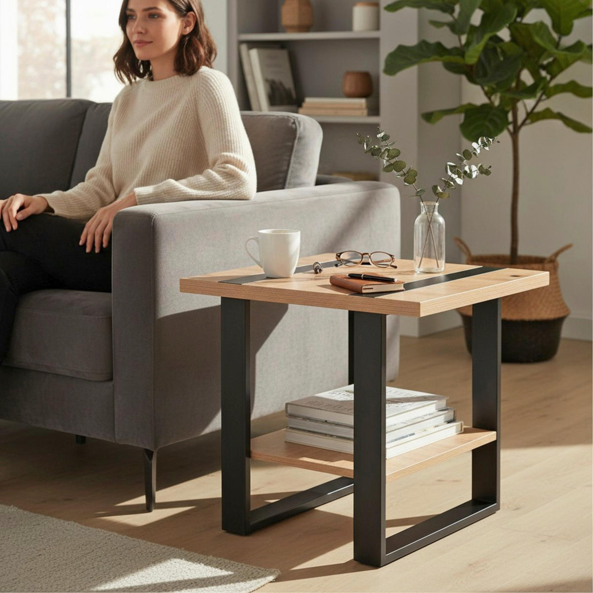 BEISTELLTISCH 45/45/45 cm Schwarz, Eichefarben quadratisch  - Eichefarben/Schwarz, Design, Holzwerkstoff/Metall (45/45/45cm)