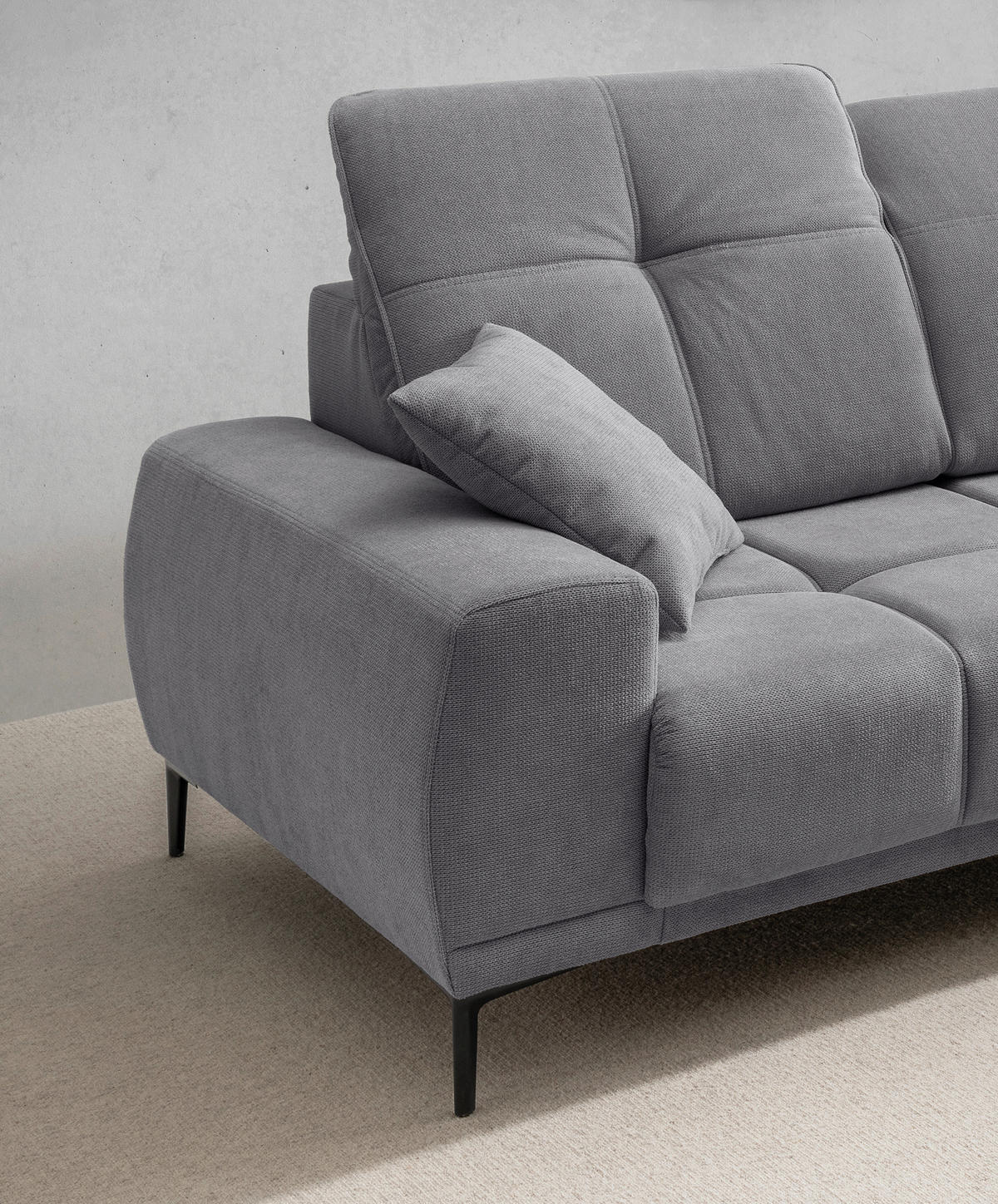 ECKSOFA NESTO Dunkelgrau Chenille Zierkissen, Kopfteilverstellung, Sitzvorzug  - Dunkelgrau/Schwarz, Basics, Textil/Metall (305/232cm) - Livetastic