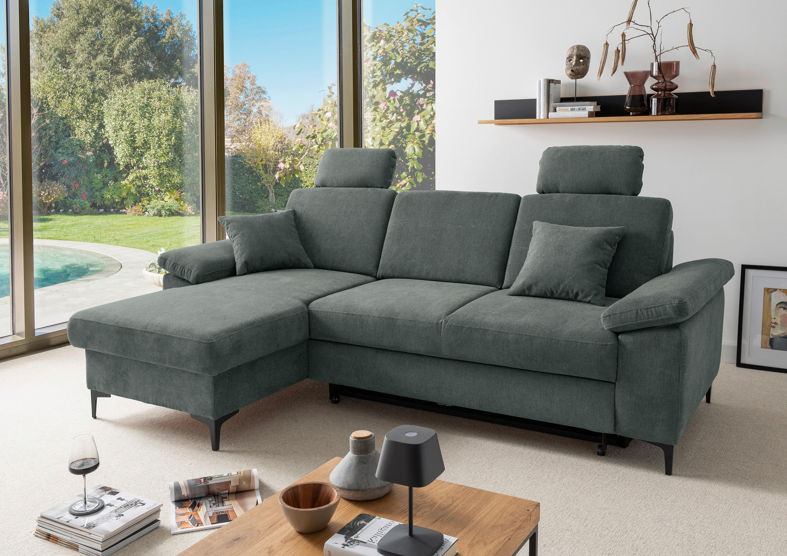 ECKSOFA Chenille Dunkelgrün  - Dunkelgrün/Schwarz, Konventionell, Textil/Metall (151/245cm) - Livetastic