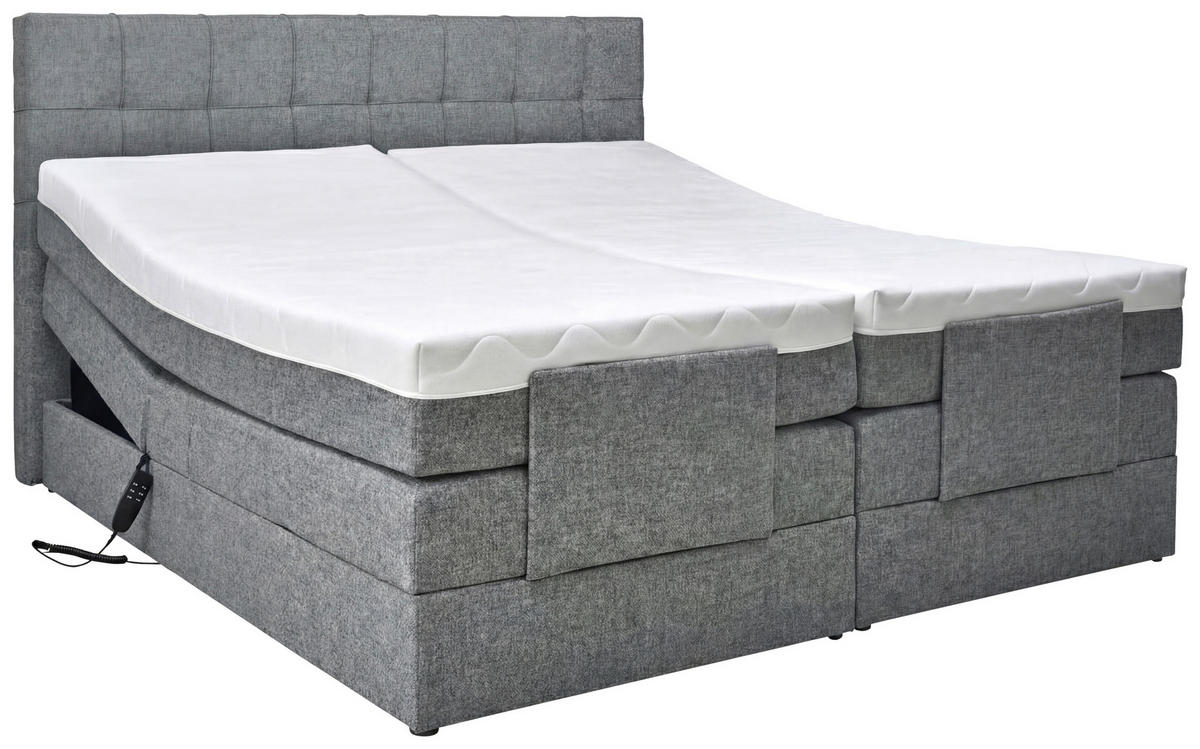 BOXSPRINGBETT 180/200 cm,  in Grau, gepolstertes Kopfteil, Topper, motorische Verstellbarkeit, Fernbedienung, Matratzen, H3 = fest  - Schwarz/Grau, KONVENTIONELL, Kunststoff/Textil (180/200cm) - Moderano