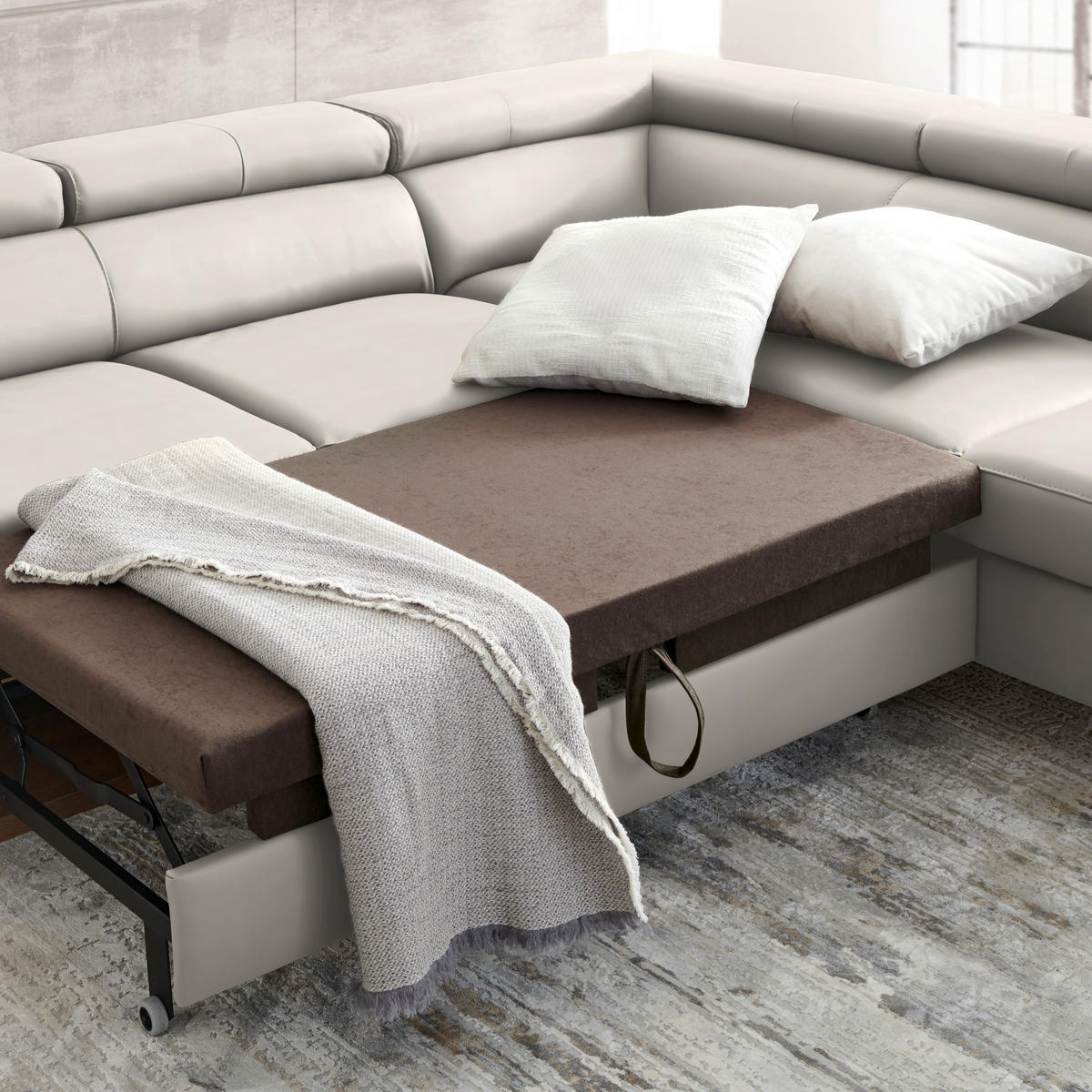 ECKSOFA in Lederlook Kombination Echtleder/Lederlook Ecru  - Ecru/Schwarz, Design, Leder/Textil (256/220cm) - Celina Home