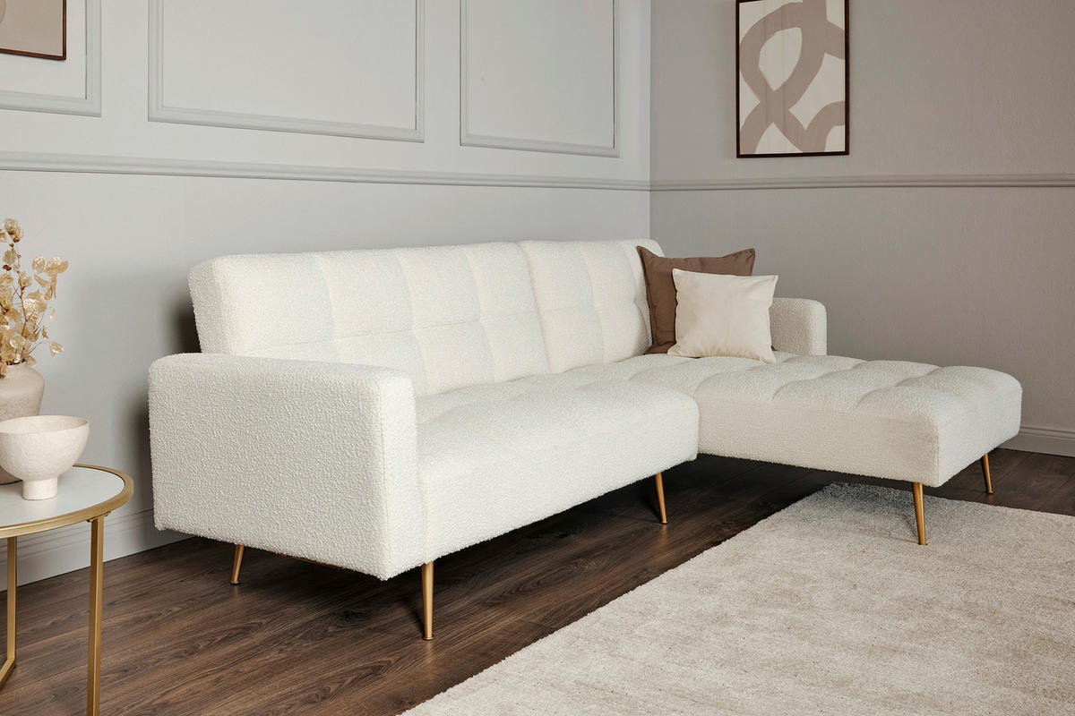 ECKSCHLAFSOFA CHILLAX POSH CORNER EU Elfenbein Bouclé  - Elfenbein/Goldfarben, MODERN, Holz/Textil (244/150cm) - Livetastic