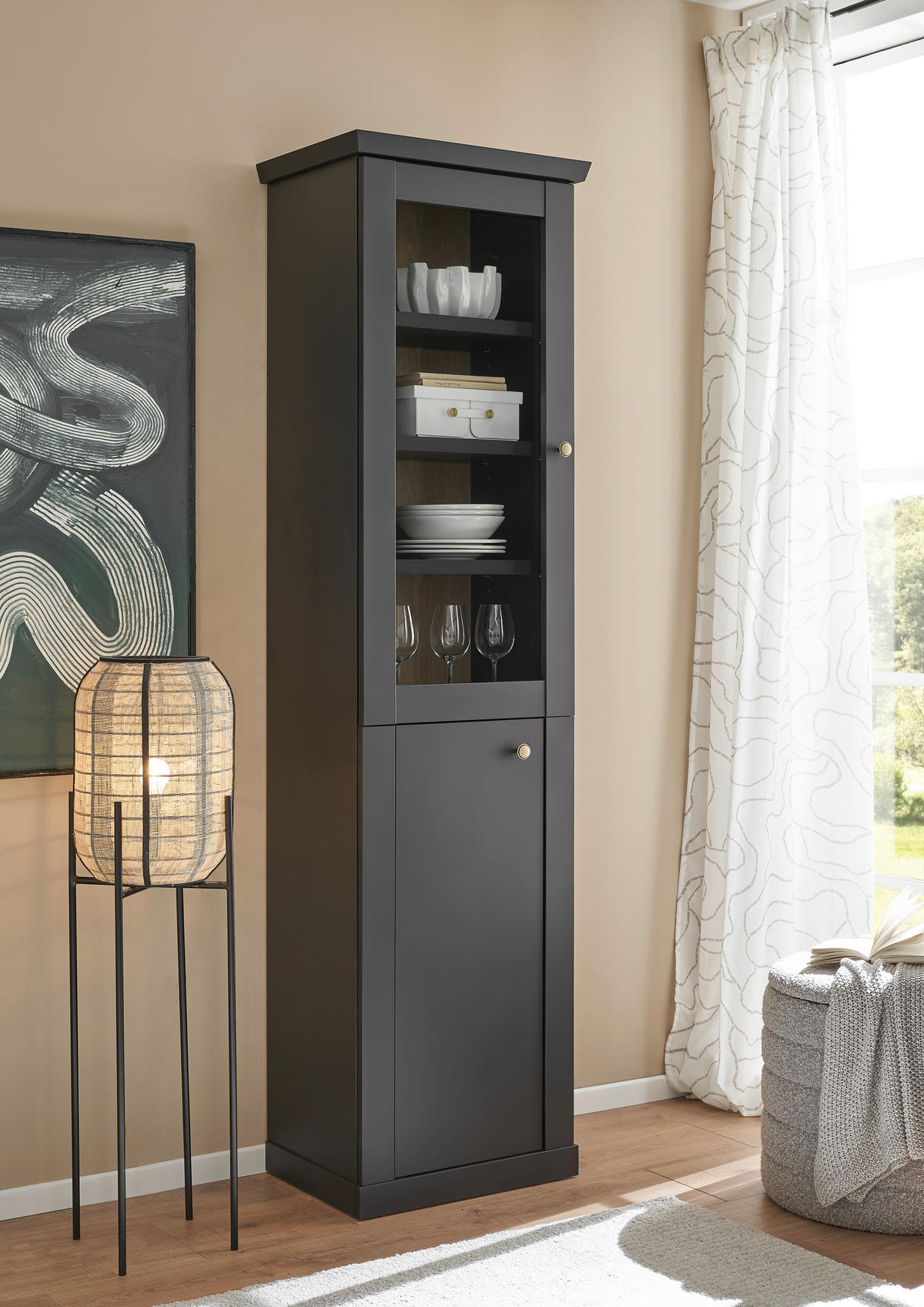 VITRINE  in Schwarz, Eichefarben  - Eichefarben/Messingfarben, Design, Holzwerkstoff/Metall (55/200/39cm) - MID.YOU