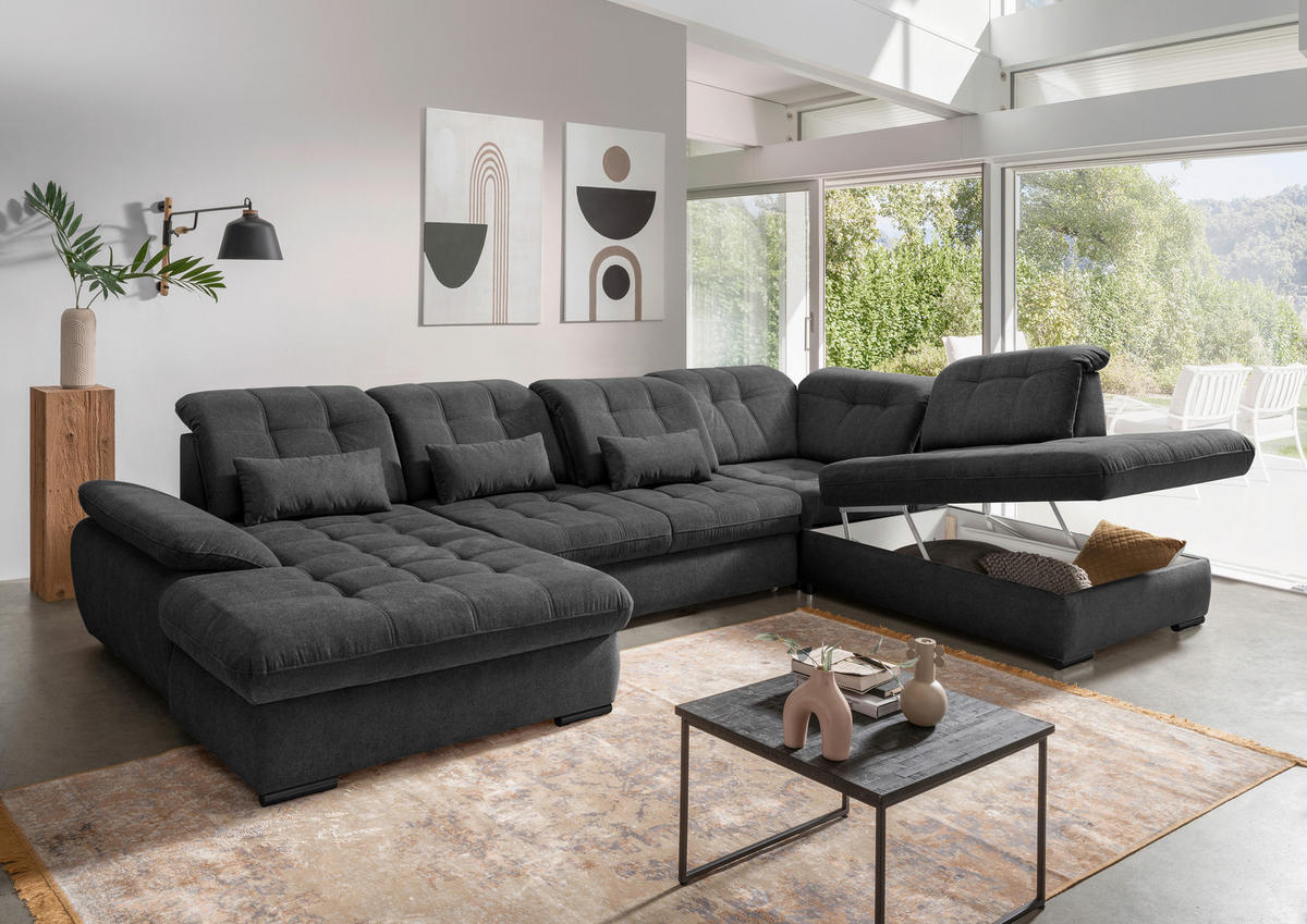 WOHNLANDSCHAFT in Chenille Anthrazit  - Anthrazit/Schwarz, Modern, Textil/Metall (184/387/252cm) - Livetastic