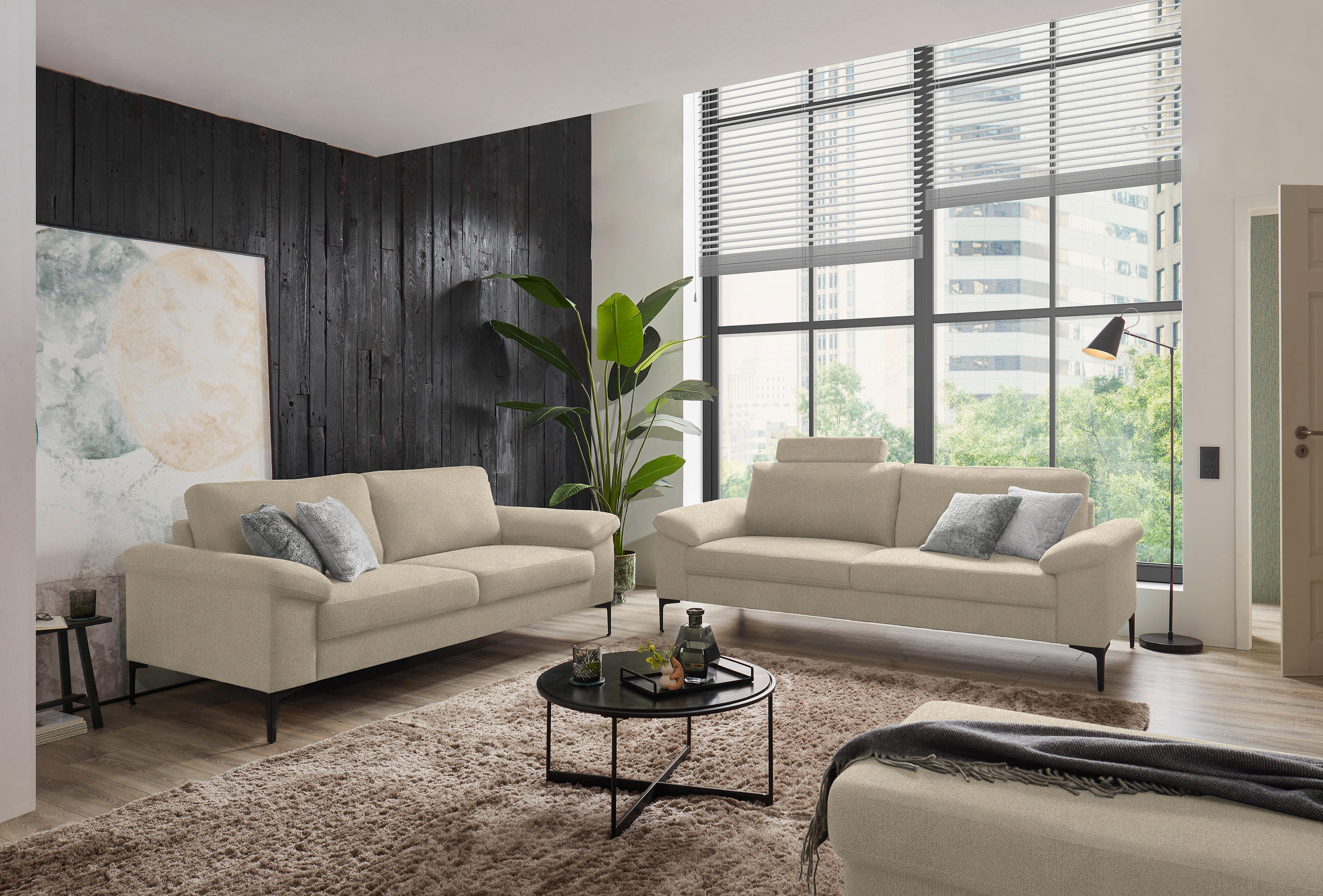 2,5-SITZER in Flachgewebe Beige  - Beige/Schwarz, Design, Textil/Metall (206/86/97cm) - Pure Home Lifestyle