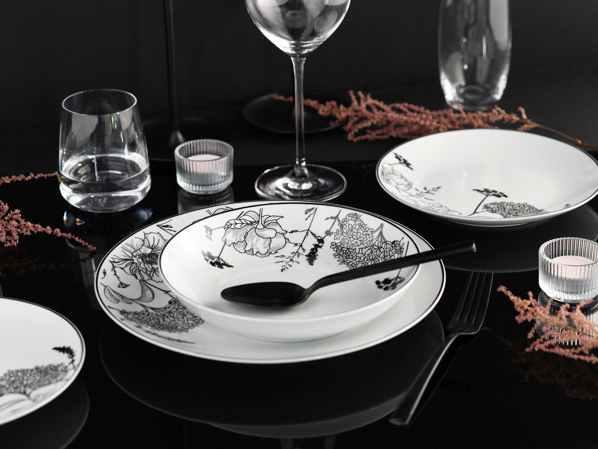TAFELSERVICE Schwarz, Grauweiß 18-teilig Luna Black flower  - Grauweiß/Schwarz, Basics, Keramik - Creatable