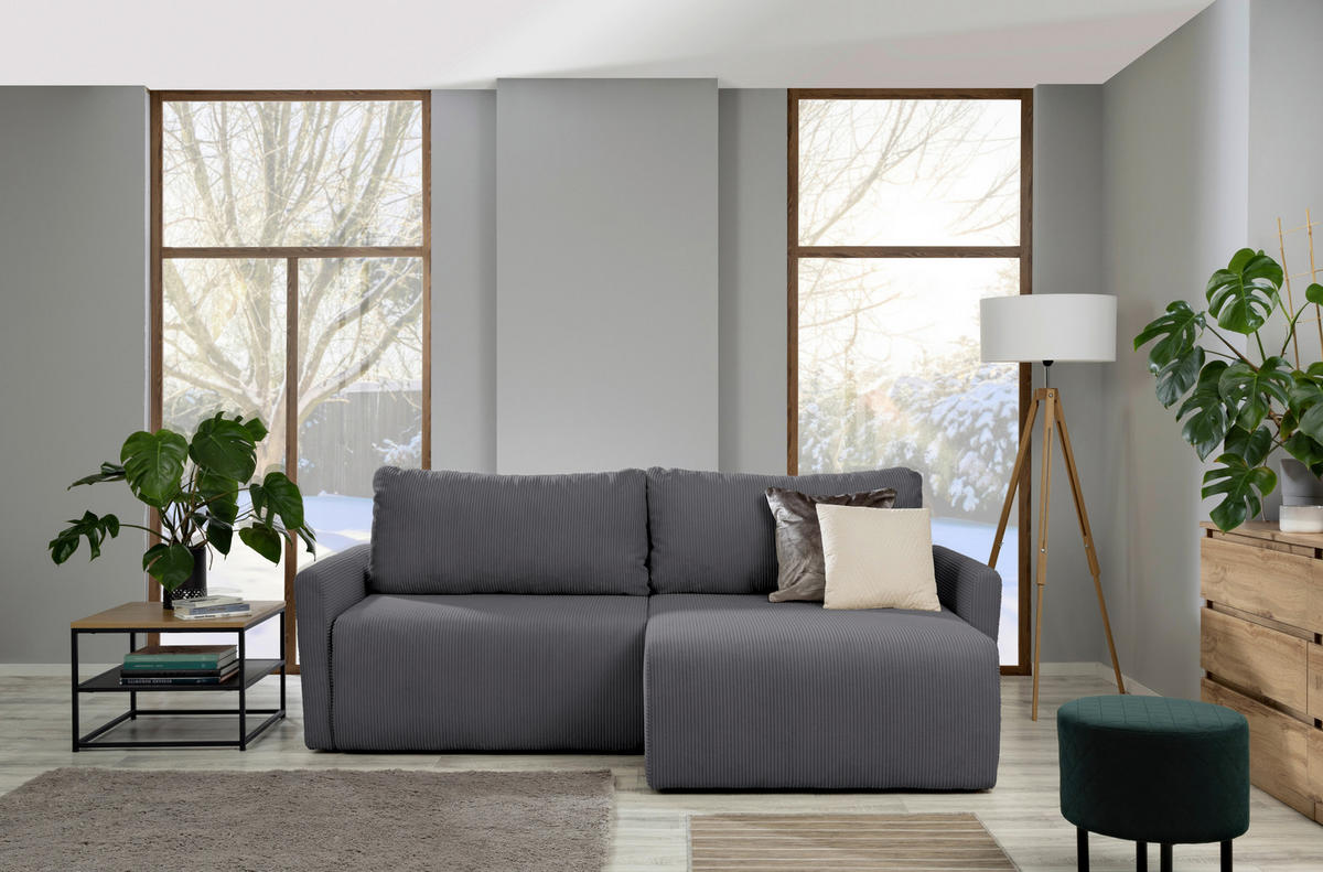 ECKSOFA in Cord Grau  - Schwarz/Grau, Konventionell, Kunststoff/Textil (228/146cm) - MID.YOU