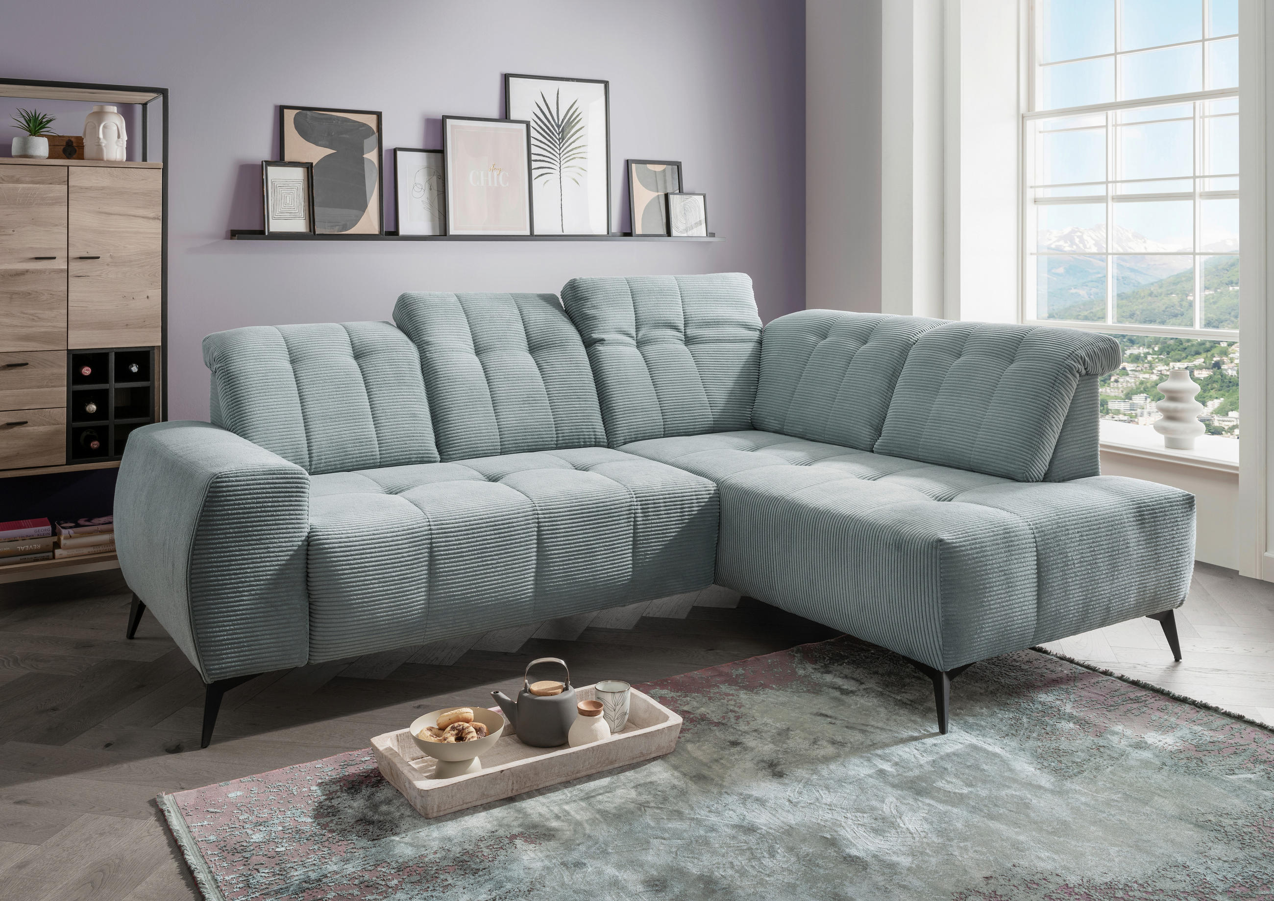 ECKSOFA Hellblau Cord  - Schwarz/Hellblau, MODERN, Textil/Metall (261/200cm) - Livetastic