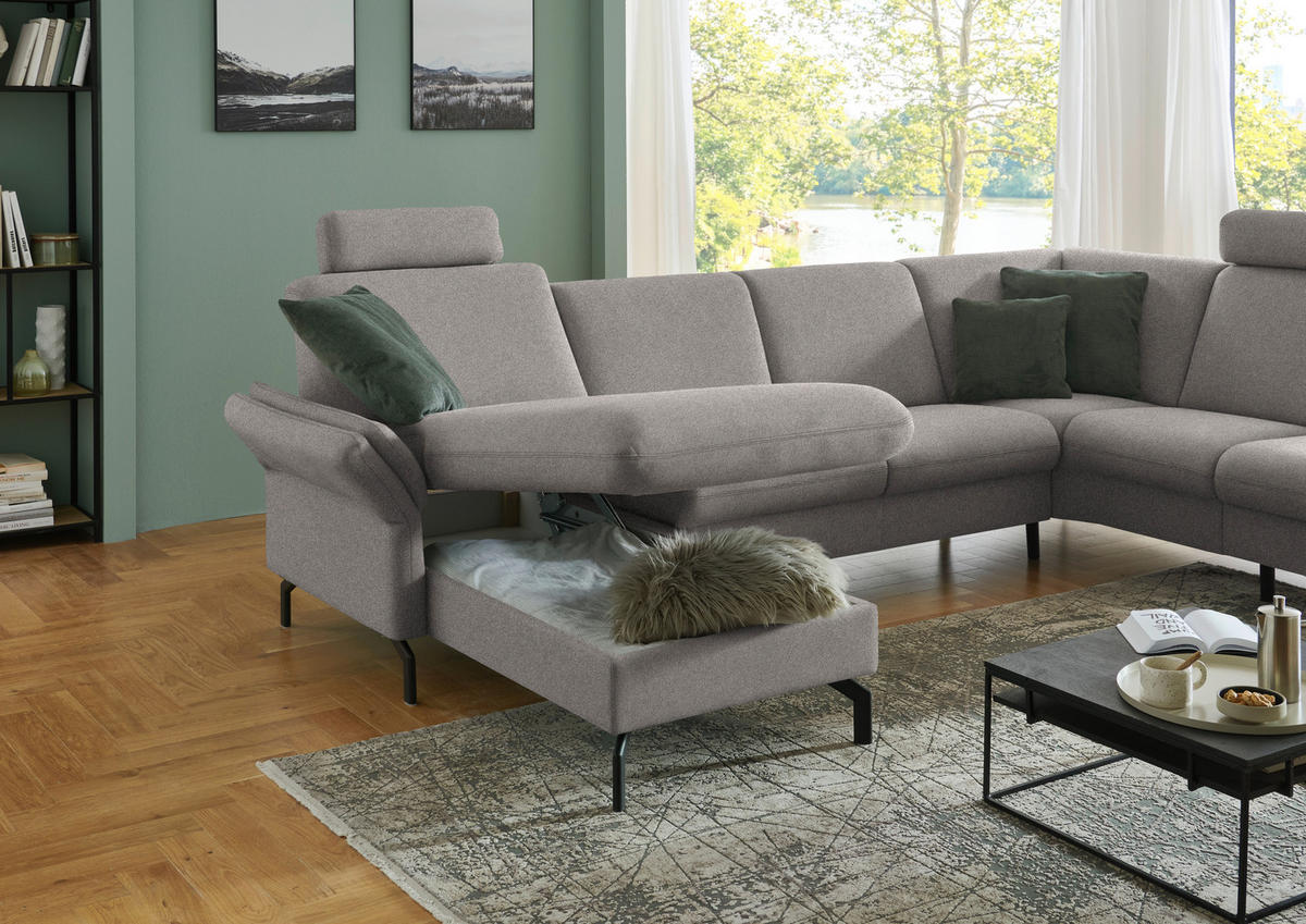WOHNLANDSCHAFT  in Flachgewebe Graubraun  - Graubraun/Schwarz, KONVENTIONELL, Textil/Metall (170/307/190cm) - Beldomo Comfort