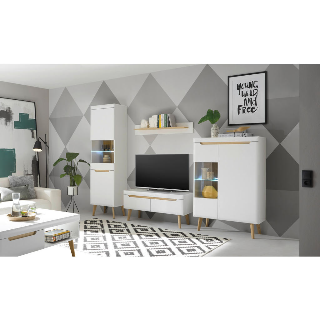 Thumbnail - Mid.you Wohnwand, Weiß, Eiche, Holzwerkstoff, 4-teilig, 10 Fächer, 2 Schubladen, 290x197x40 cm, stehend, hängend, Wohnzi...