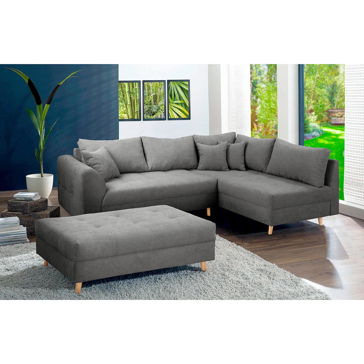ECKSOFA inkl. Hocker Ariella Dunkelgrau Mikrofaser Rückenkissen, Hocker  - Dunkelgrau/Naturfarben, Design, Holz/Textil (161/231cm) - Livetastic