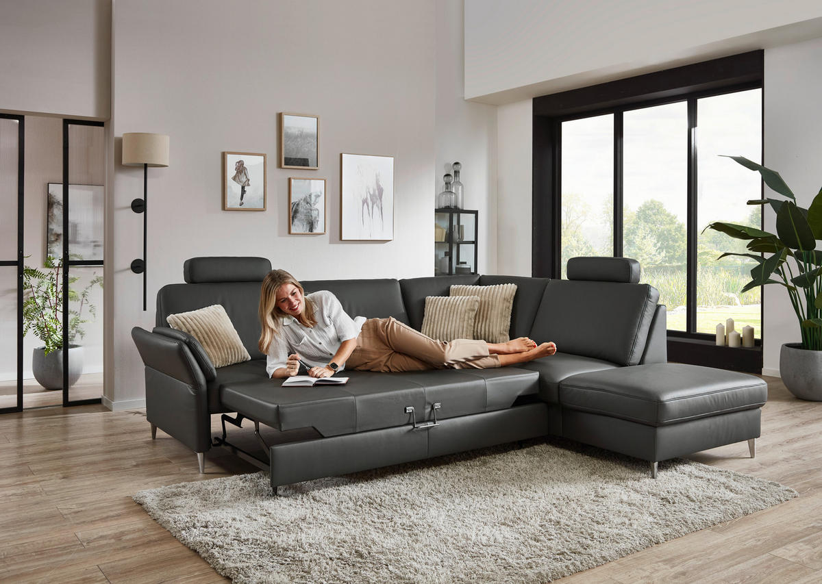 ECKSOFA Beldomo Premium in Echtleder Anthrazit  263/235 cm  - Anthrazit/Alufarben, KONVENTIONELL, Leder/Metall (263/235cm) - Beldomo Premium