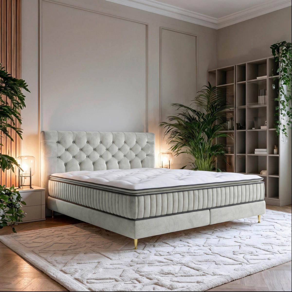 BOXSPRINGBETT 180/200 cm,  in Creme, Matratze, gepolstertes Kopfteil, Topper,  - Goldfarben/Creme, Design, Textil/Metall (180/200cm) - Boxxx