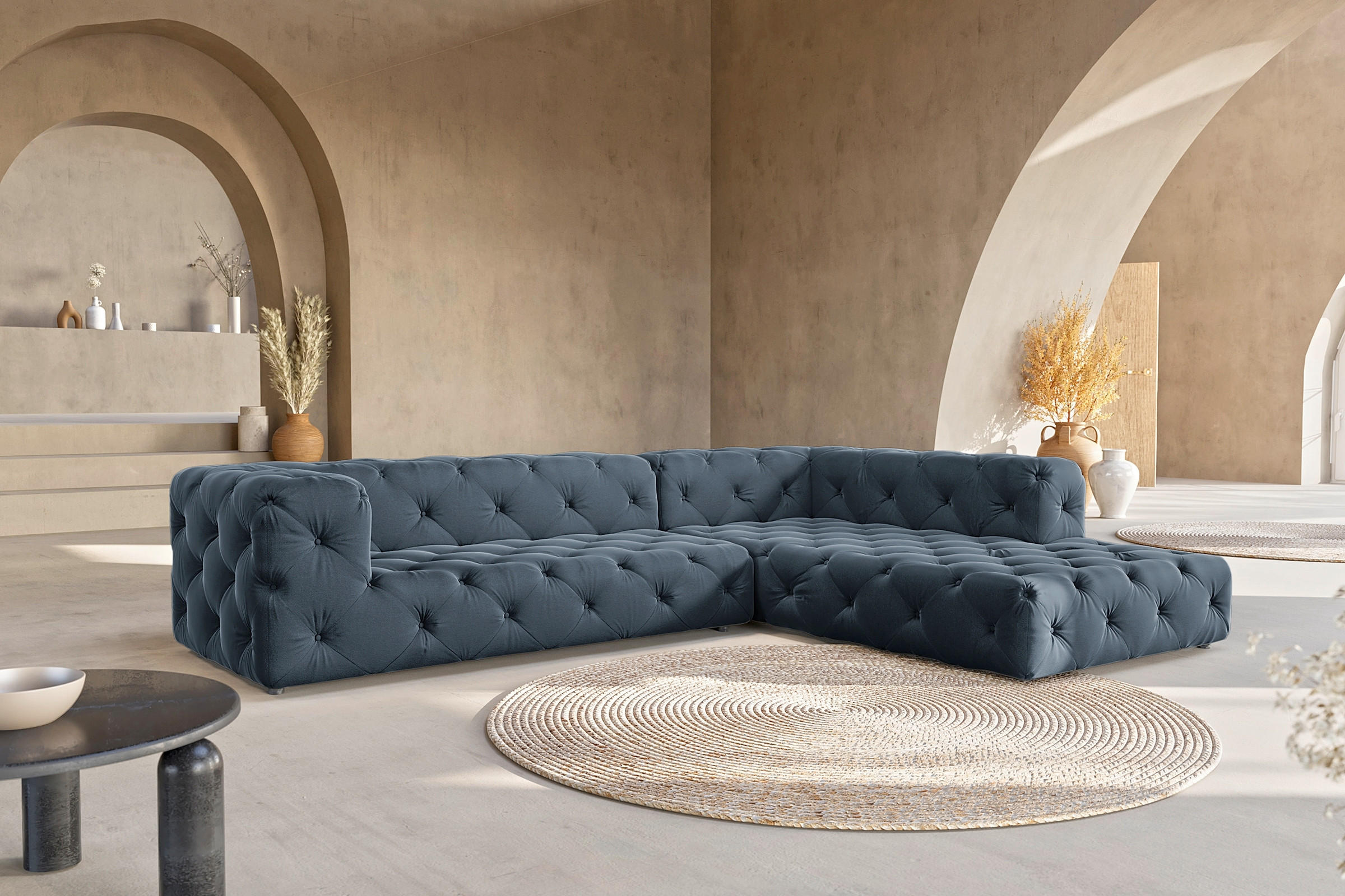ECKSOFA Fresco in Samt Dunkelblau  325/228 cm  - Schwarz/Dunkelblau, Design, Kunststoff/Textil (325/228cm) - P & B