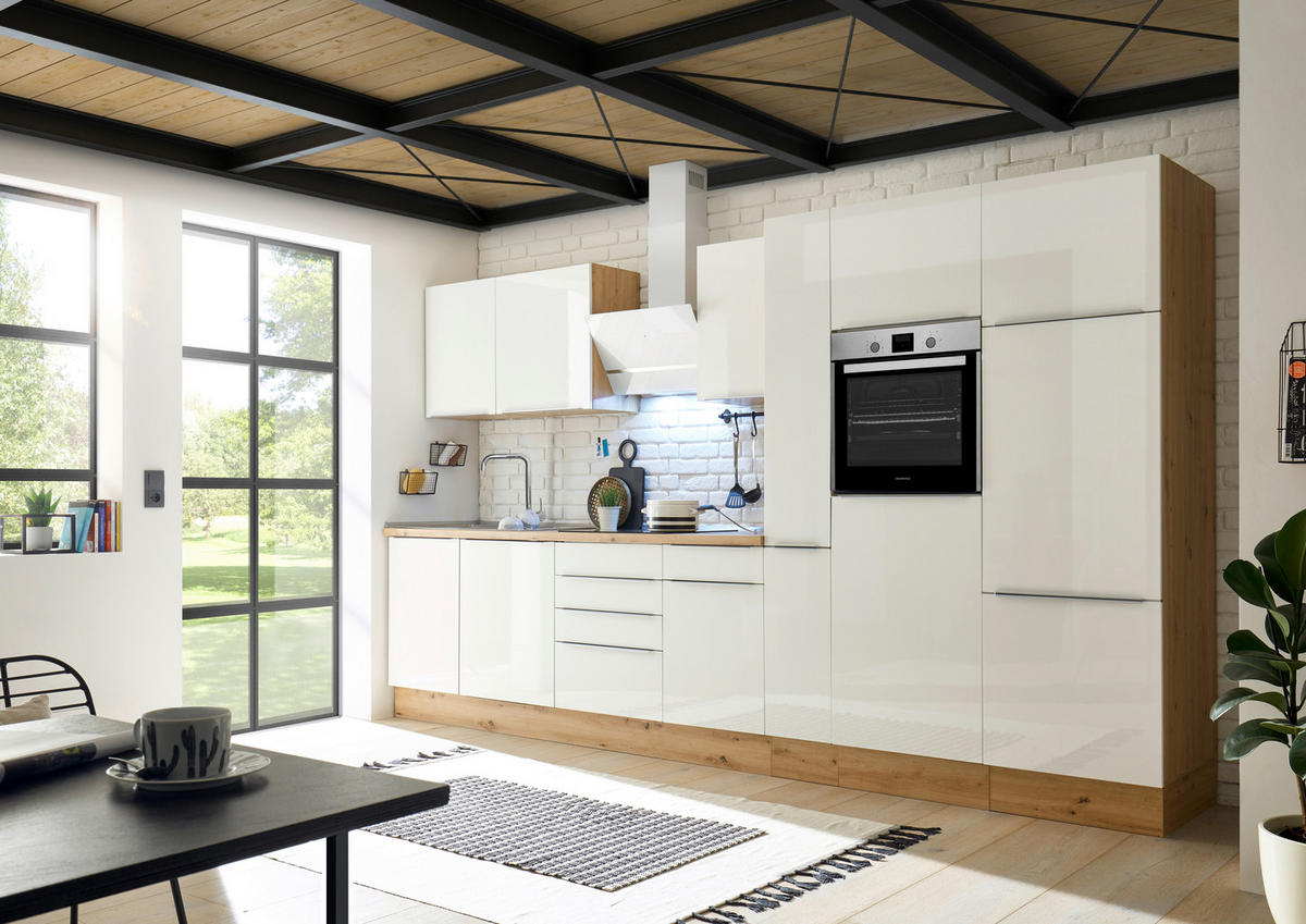 KÜCHENBLOCK 370 cm   in Eiche Artisan, Weiß Hochglanz  - Weiß Hochglanz/Alufarben, LIFESTYLE, Holzwerkstoff/Kunststoff (370cm) - Respekta