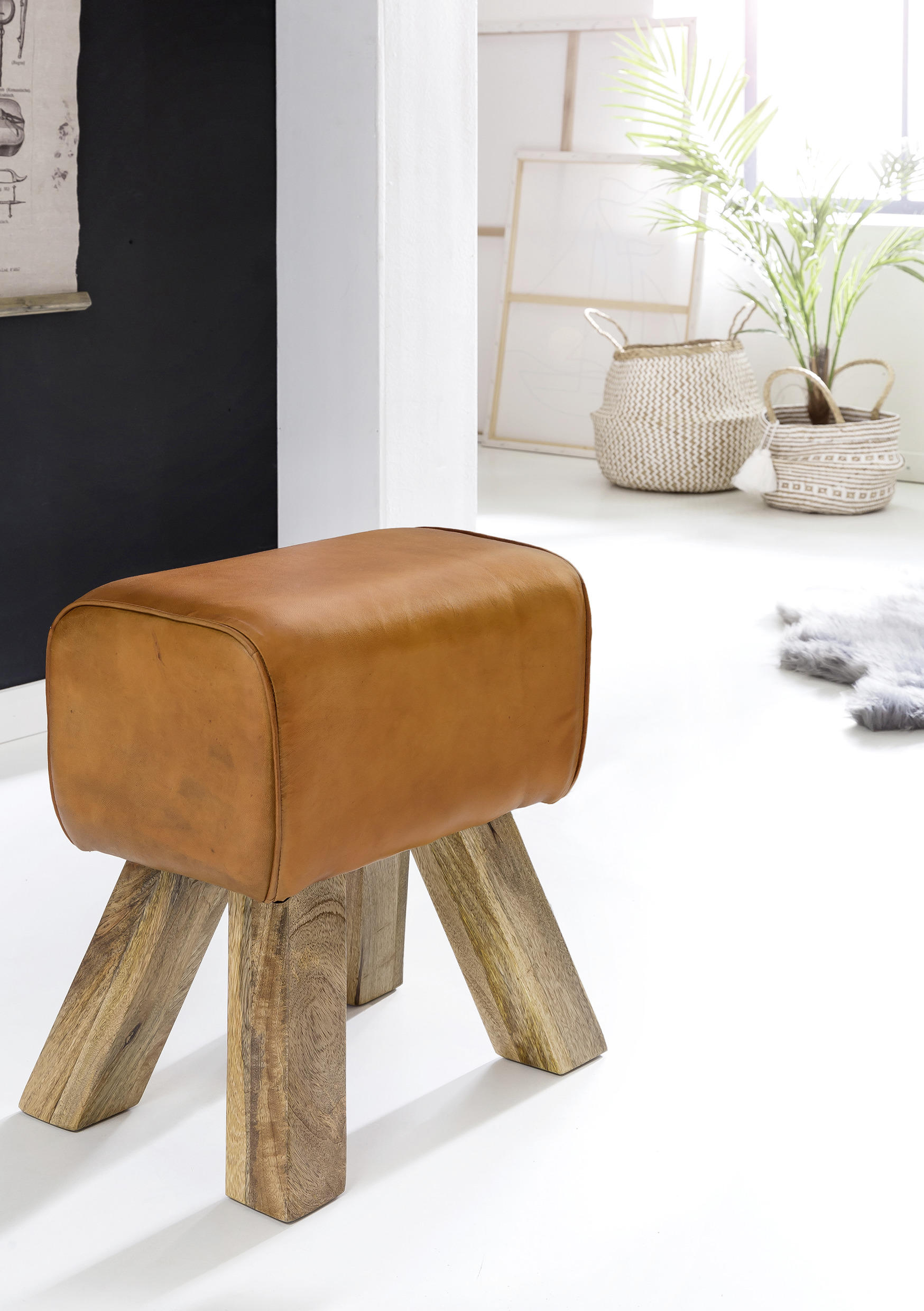 HOCKER Echtleder Braun  - Braun, Natur, Leder/Holz (40/47/30cm) - MID.YOU
