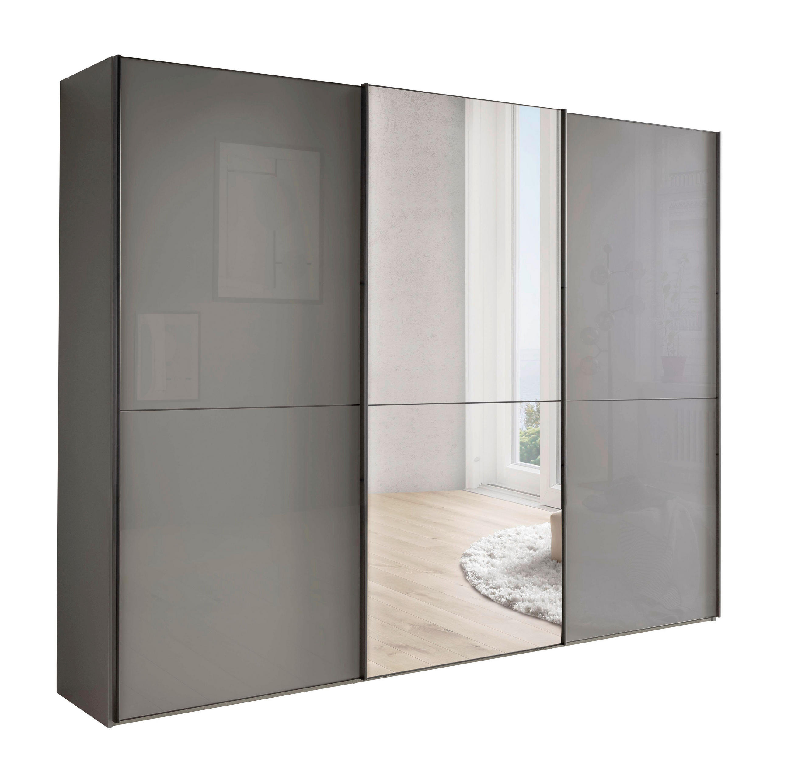 SCHWEBETÜRENSCHRANK 225/217/67 cm,  in Lavagrau, 3 Tür(en)  - Lavagrau/Schwarz, MODERN, Glas/Holzwerkstoff (225/217/67cm) - Chameo