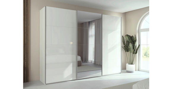 SCHWEBETÜRENSCHRANK 301/223/68 cm 3-türig Weiß, Weiß Hochglanz  - Weiß Hochglanz/Alufarben, Basics, Glas/Holzwerkstoff (301/223/68cm) - Novel