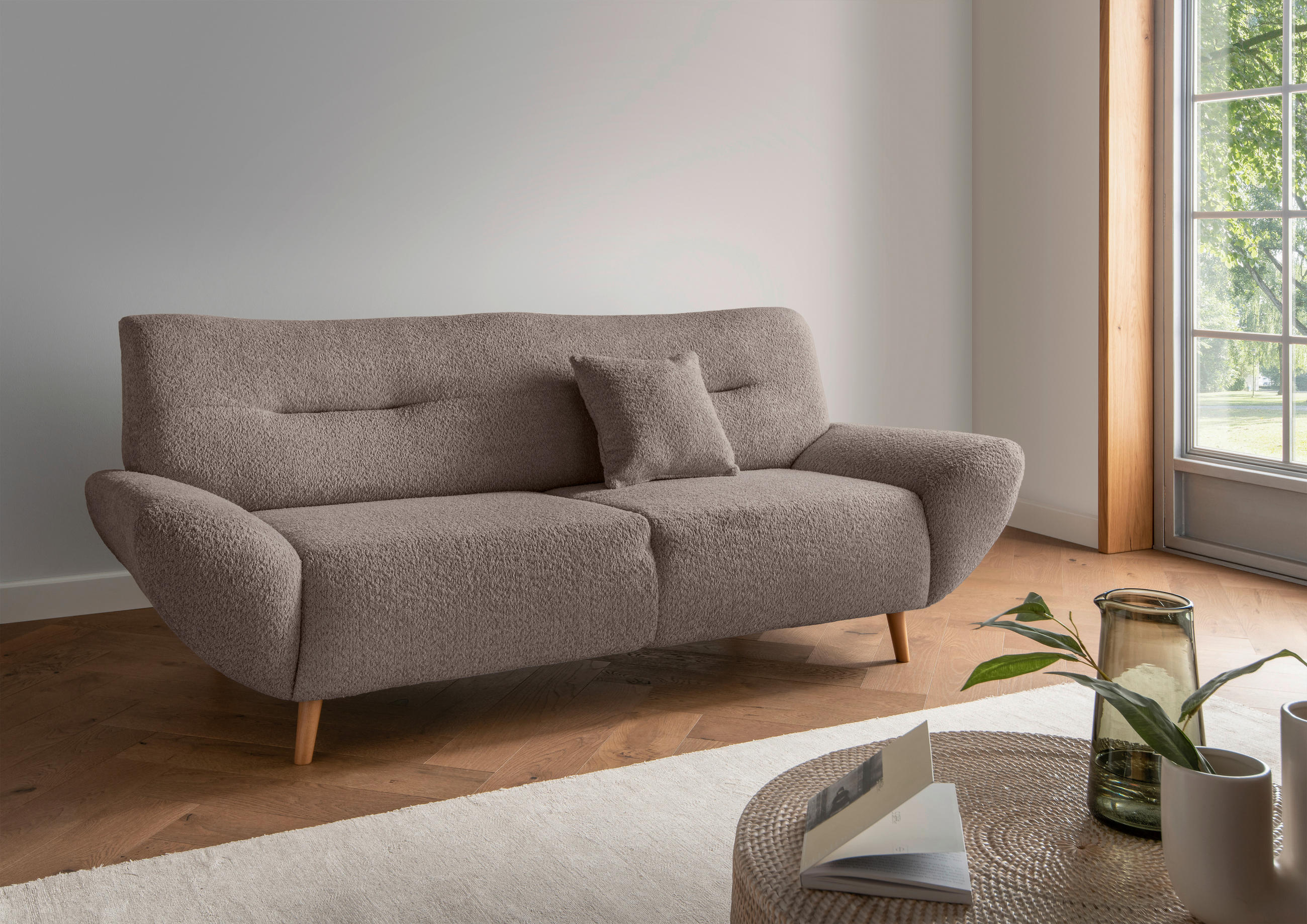 2-SITZER-SOFA in Bouclé Taupe  - Taupe/Wildeiche, KONVENTIONELL, Holz/Textil (173/81/90cm) - MID.YOU