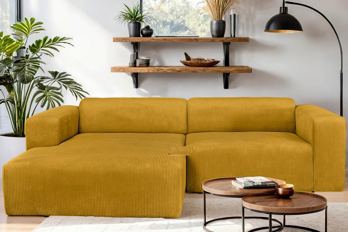 ECKSOFA BASMA Senfgelb Cord  - Senfgelb/Schwarz, Design, Kunststoff/Textil (175/298cm) - P & B