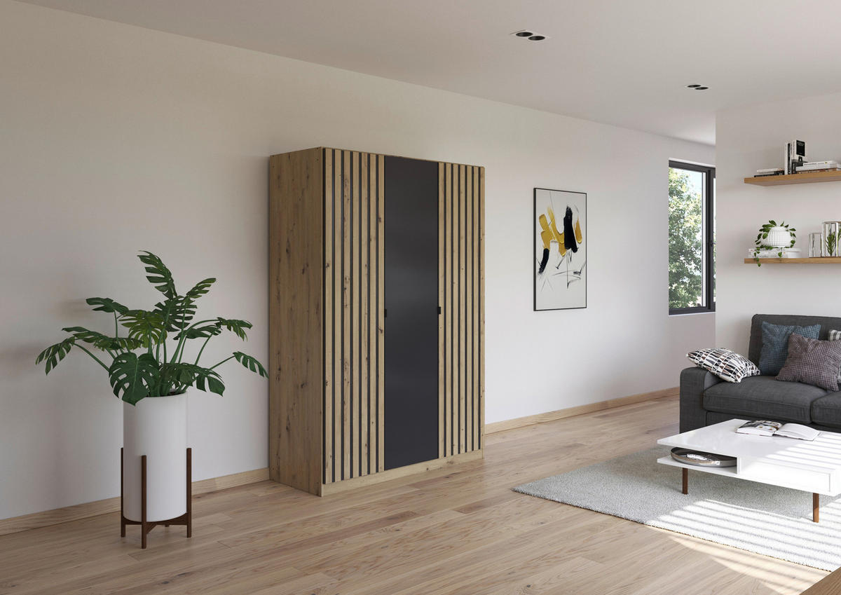 DREHTÜRENSCHRANK  in Grau, Eiche Artisan  - Eiche Artisan/Grau, MODERN, Holzwerkstoff/Metall (136/197/54cm) - Rauch Möbel