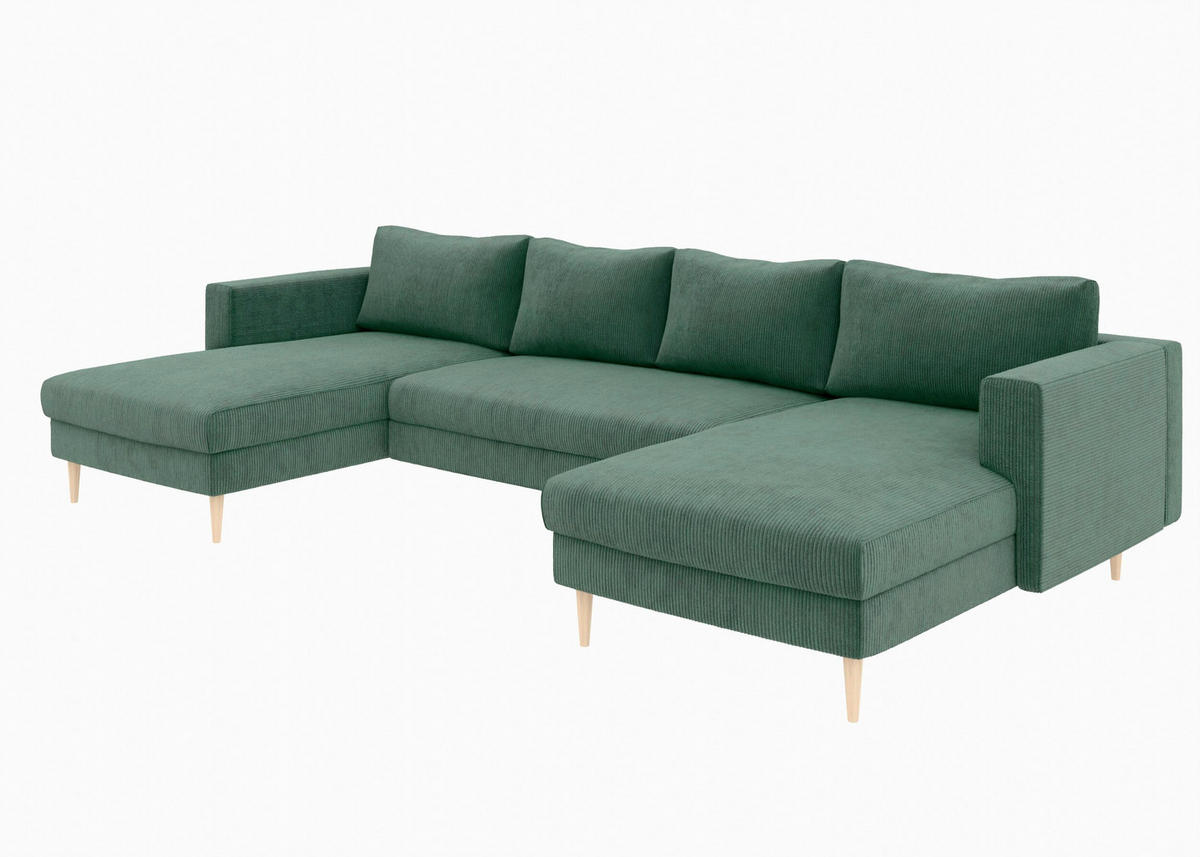 WOHNLANDSCHAFT Dunkelgrün Cord  - Dunkelgrün/Buchefarben, MODERN, Holz/Textil (161/306/161cm) - Trendmanufaktur