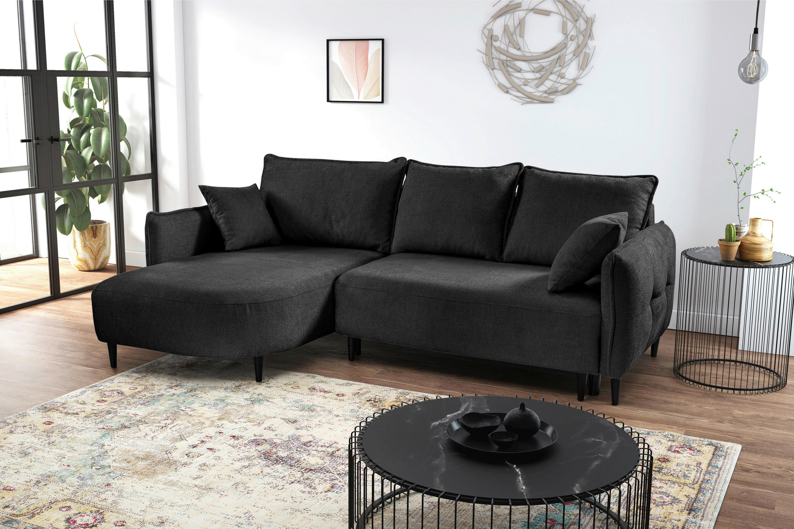 ECKSOFA in Struktur Dunkelgrün  - Dunkelgrün/Schwarz, Design, Holz/Textil (165/244cm) - MID.YOU